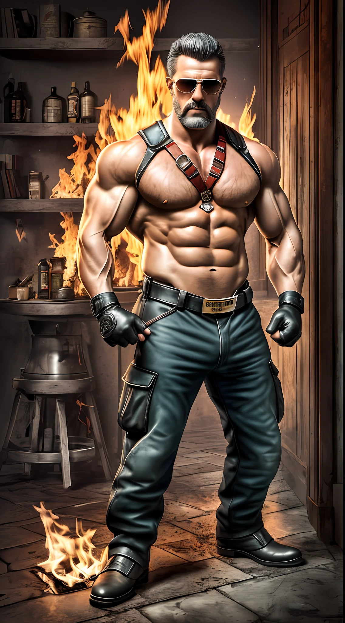 A portrait full body photograph Atractive mid age fireman, elm, badge, Aviator glasses, holding fire hose, gun, medium hair shaved sides, Strong, muscular, hairy big belly bodybuilder, jockstrap showing very hairy pubs groin area, red gloves, leather boots, flames in background, epic realistic, photo, faded, neutral colors, ((((hdr)))), muted colors, intricate scene, artstation, intricate details, vignette