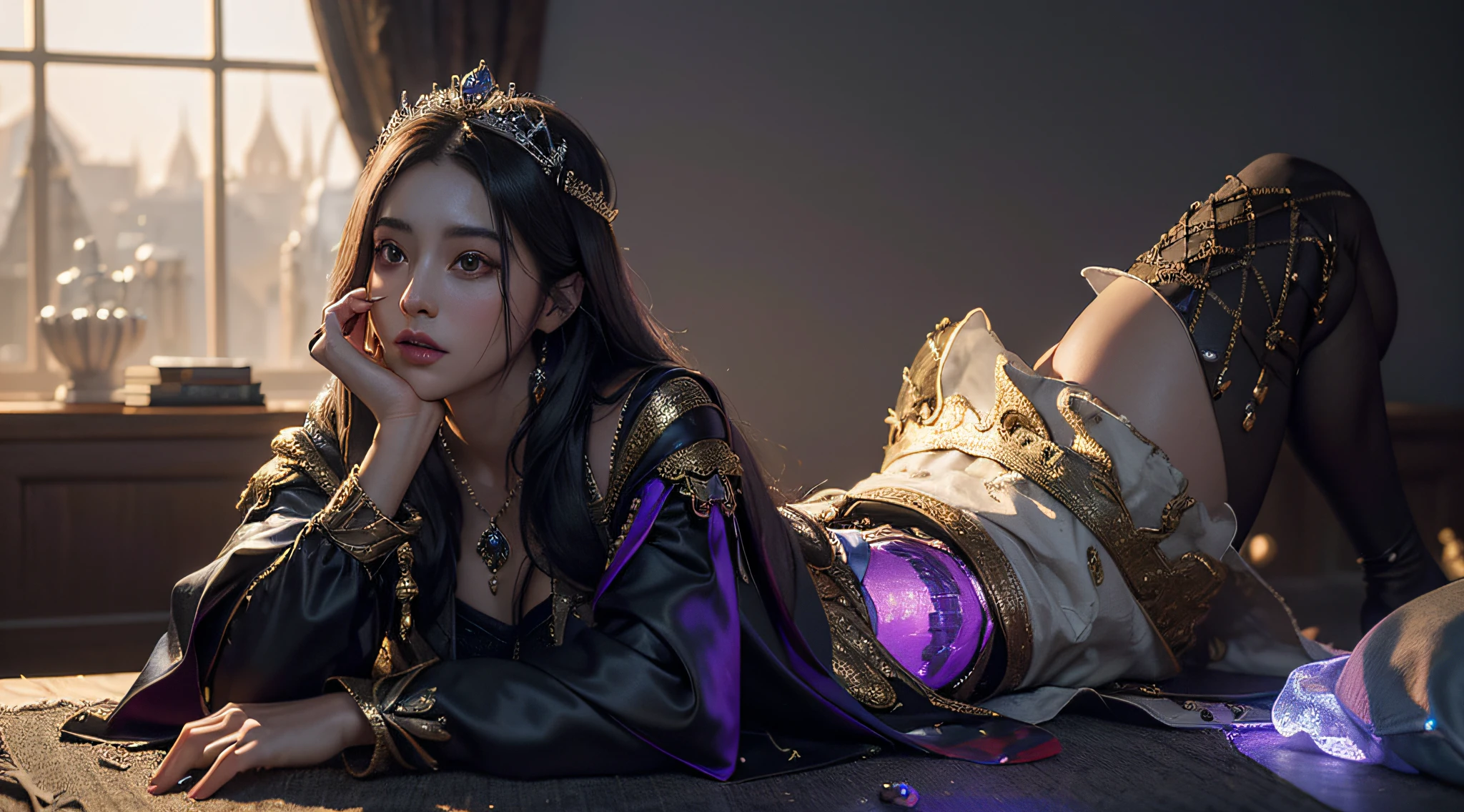 ((Best quality)), ((masterpiece)), (detailed: 1.4), 3D, an image of a beautiful queen in royal clothes in black and purple long hair ,HDR (High Dynamic Range),Ray Tracing,NVIDIA RTX,Super-Resolution,Unreal 5,Subsurface dispersion, PBR texture, Post-processing, Anisotropic filtering, Depth of field, Maximum clarity and sharpness, Multilayer textures, Albedo and specular maps, Surface shading, Accurate simulation of light-material interaction, Perfect proportions, Octane Render, Two-tone lighting,Wide aperture,Low ISO,White balance,Rule of thirds,8K RAW,