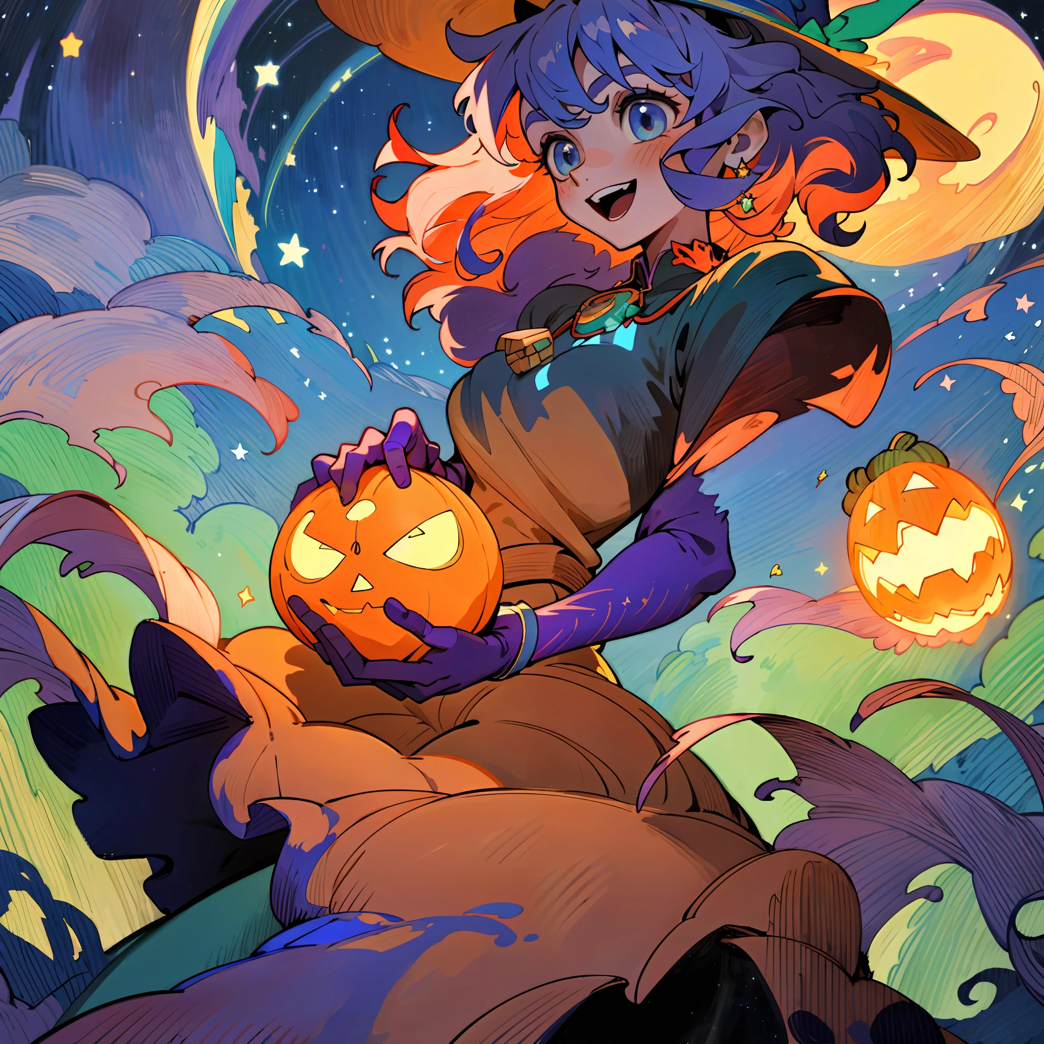 ((masterpiece:1.2, best quality)), 1girl, solo, (witch hat), a close up of a girl with curly hair, dress, aurora, night, star (sky), gloves, sky, dress, night sky, open mouth, starry sky, light blue eyes, ribbons, smile, cape, colorful hair, magic, casting spell, night, (impressionism:1.4), alphonse mucha, Halloween colors, colorful candy, magical lights, pumpkins, candies