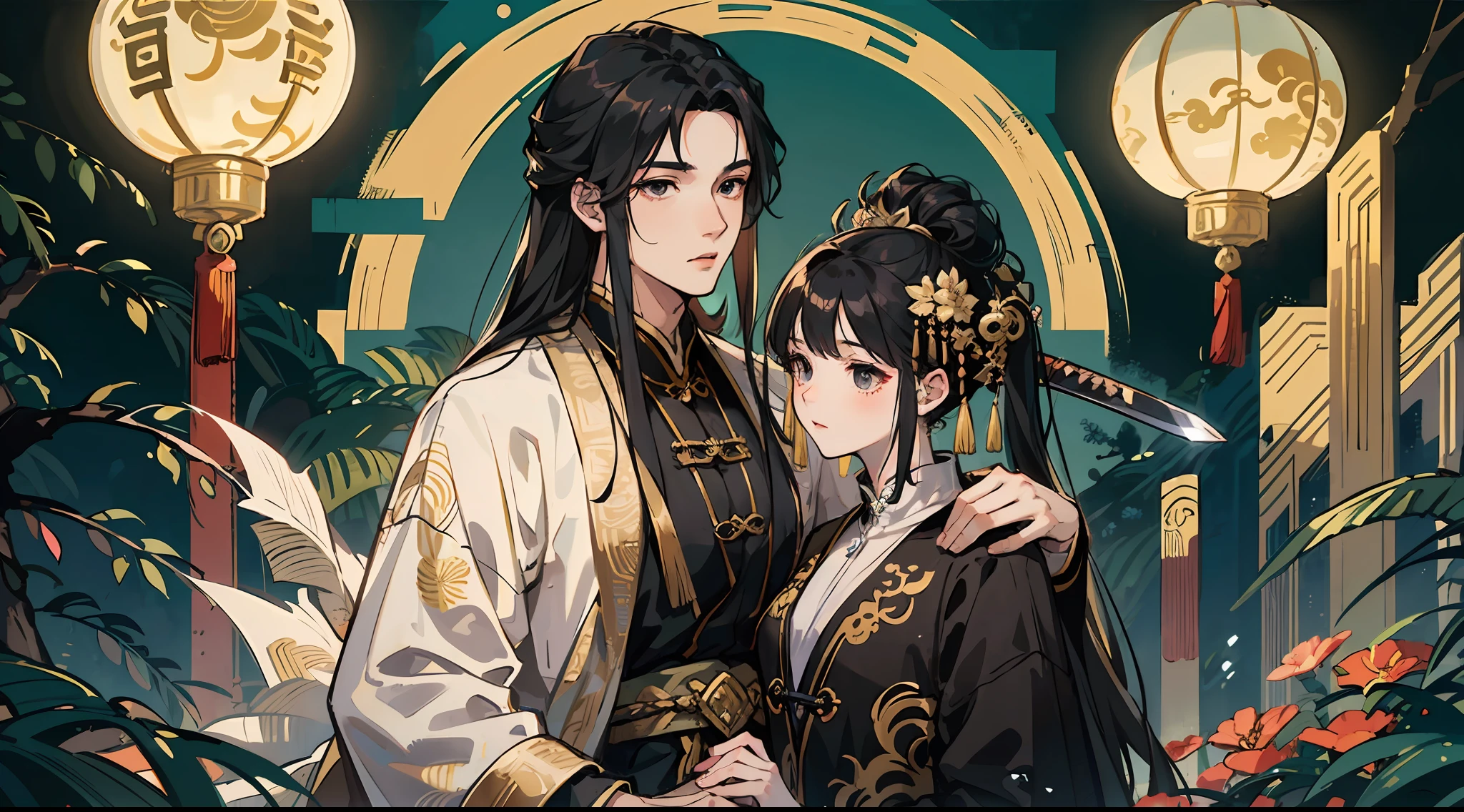 Masterpiece, Excellent, Outdoor, Night, Full Moon, Lakeside, Branches, Boy Holding Girl, Mature Man, Chinese Style, Ancient Chinese, Black Hair, Black Eyes, Long Split Hair, Long Bangs, Handsome, Handsome, Masculine, Gentle, Tall, Calm, Black and Gold Mixed Dragon Pattern Prince, A Sword, Delicate Facial Display