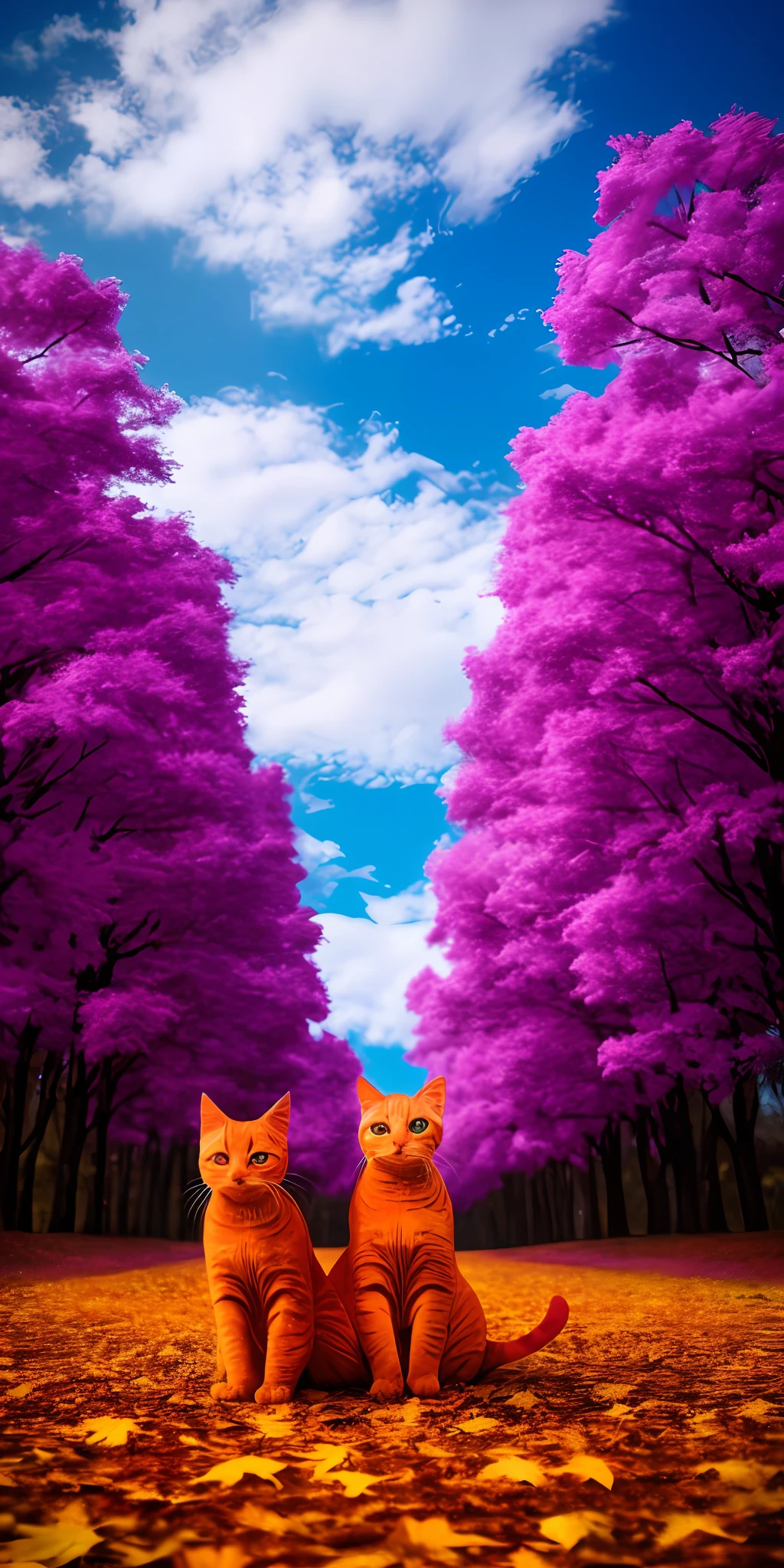 Realistic high quality photo of orange cats in a forest in autumn, purple sky with white clouds equal cotton candy.