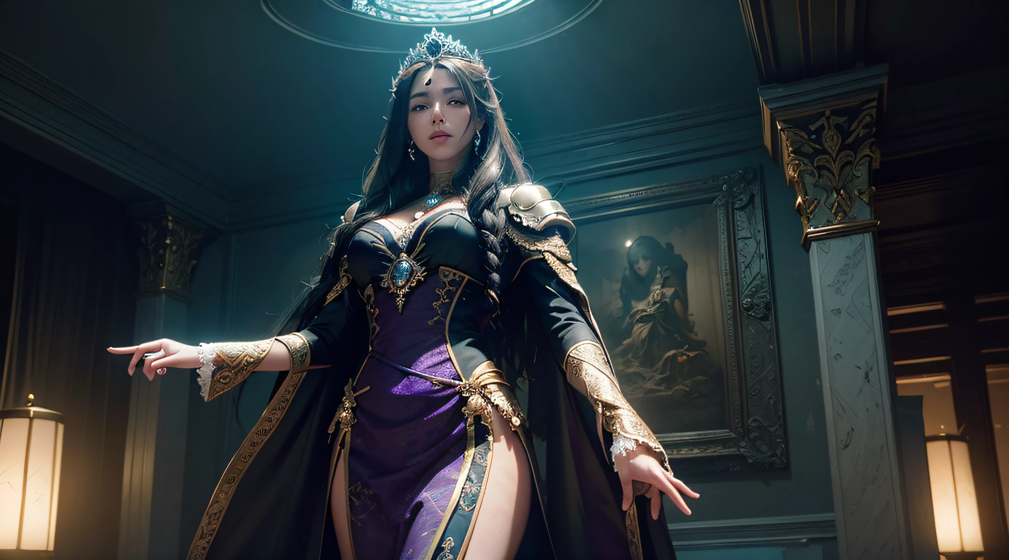 ((Best quality)), ((masterpiece)), (detailed: 1.4), 3D, an image of a beautiful queen in royal clothes in black and purple long hair ,HDR (High Dynamic Range),Ray Tracing,NVIDIA RTX,Super-Resolution,Unreal 5,Subsurface dispersion, PBR texture, Post-processing, Anisotropic filtering, Depth of field, Maximum clarity and sharpness, Multilayer textures, Albedo and specular maps, Surface shading, Accurate simulation of light-material interaction, Perfect proportions, Octane Render, Two-tone lighting,Wide aperture,Low ISO,White balance,Rule of thirds,8K RAW,