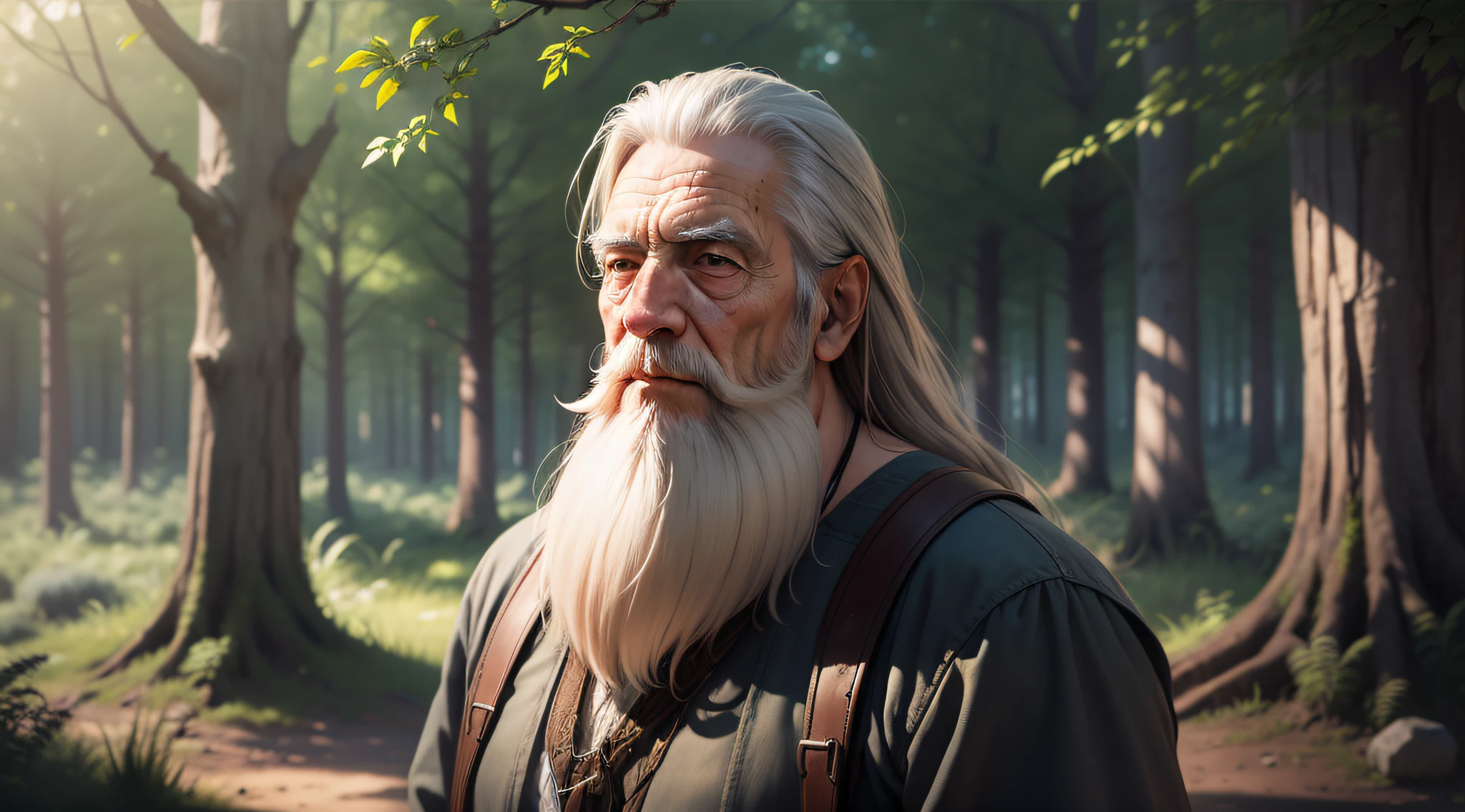 Drawing, ultra realistic, 8k, extremely detailed, in the best quality, a man, old, wise, with a long beard, in a forest.