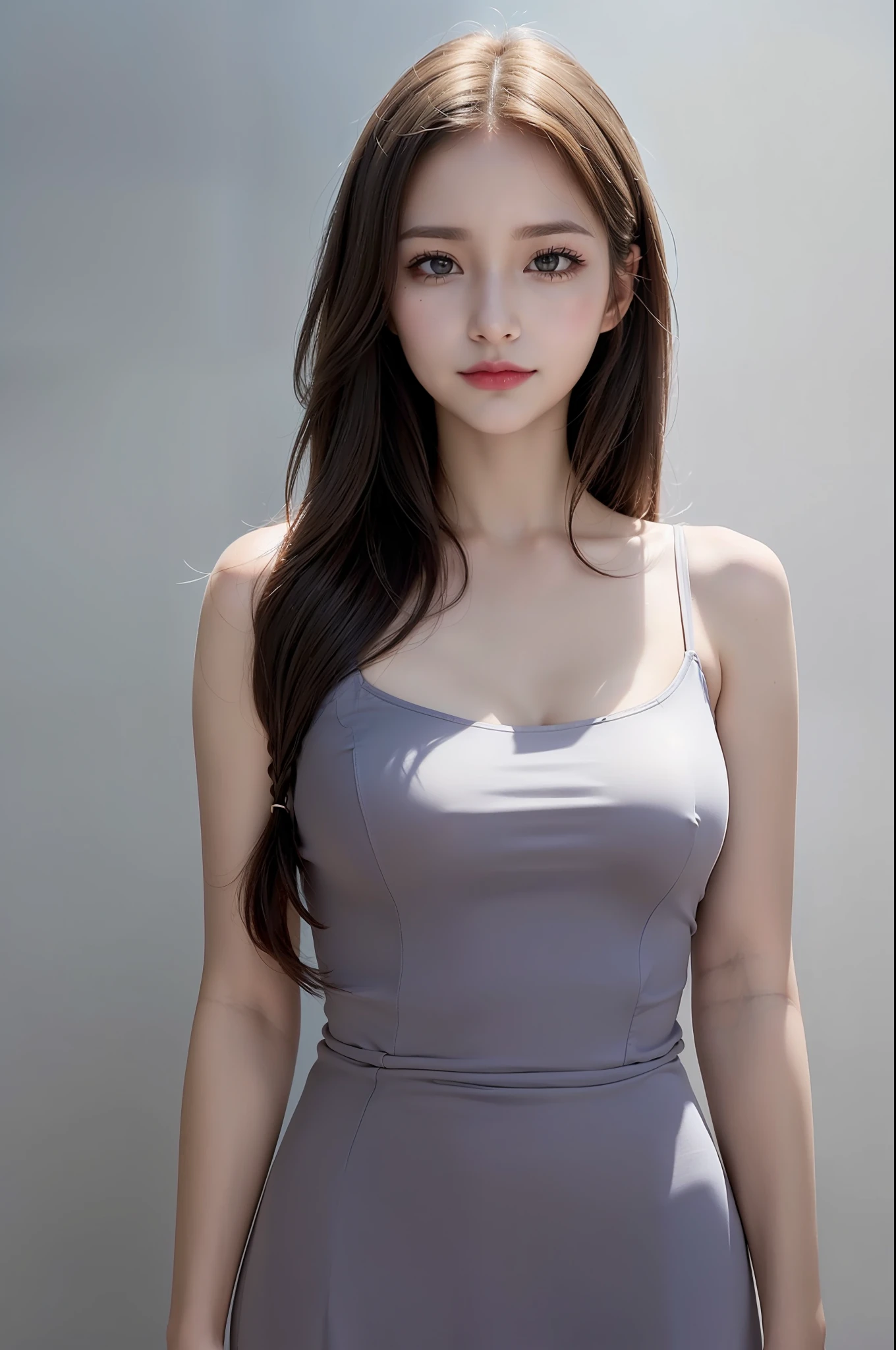 photo of a 18 y.o girl, beautiful vintage color, instagram (photorealistic, high resolution:1.4), ((puffy eyes)), looking at viewer, , full body (8k, RAW photo, best quality, masterpiece:1.2), (realistic, photo-realistic:1.37), (sharp focus:1.2), professional lighting, photon mapping, radiosity, physically-based rendering, (pale skin:1.2), (medium breasts:1.2), looking at viewer, (middle hair:1.5), portrait, purple eyes, (sliver hair:1.1), bangs, (simple background:1.4), solo, upper body, realistic, (masterpiece:1.4), (best quality:1.4), (shiny skin), fashion girl, makeup, smile(skinny, closed mouth,shy:1.3), (sheer sun dresses:1.5513), (standing:1.1), medium bust, sexy pose, {NSFW:1.2},