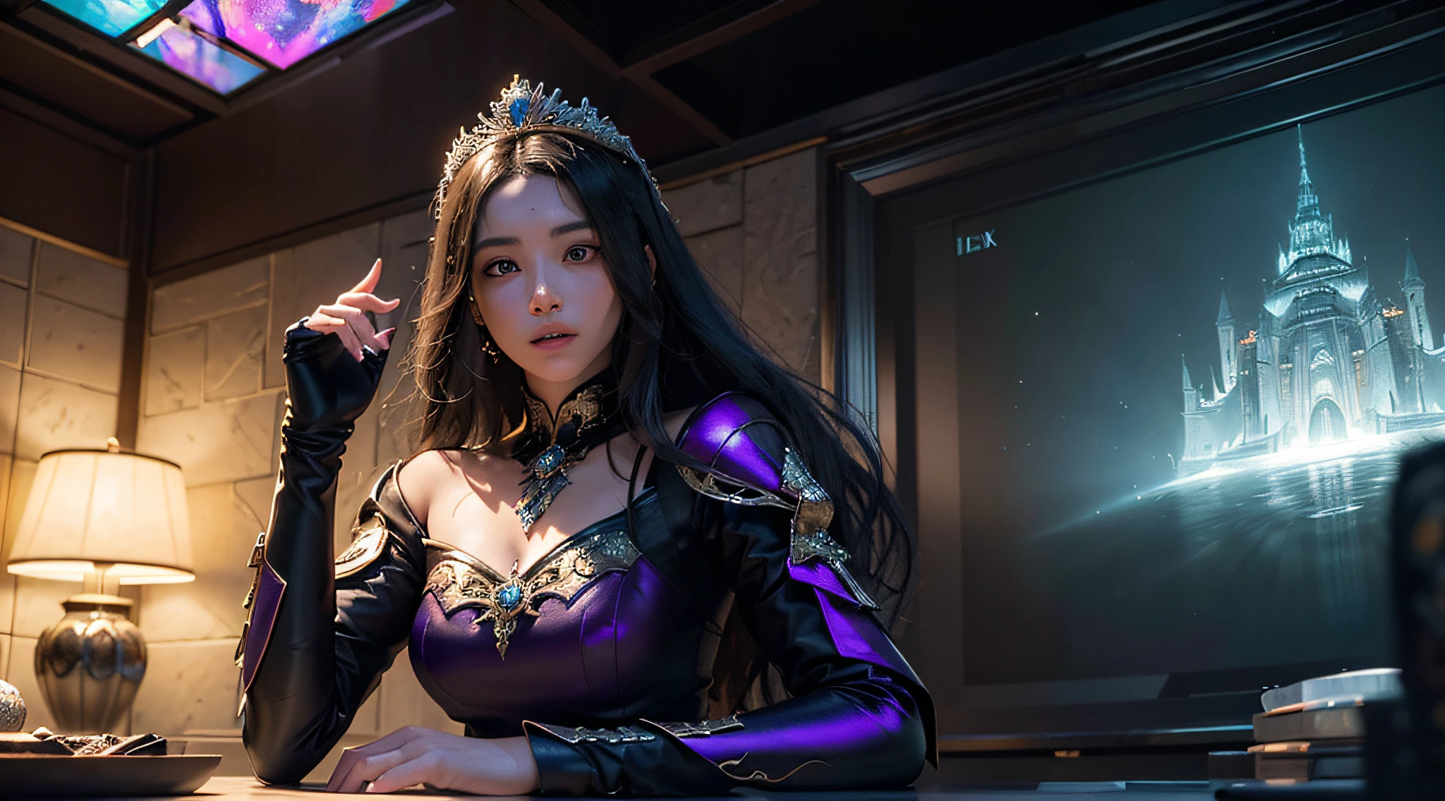 ((Best quality)), ((masterpiece)), (detailed: 1.4), 3D, an image of a beautiful queen in royal clothes in black and purple long hair ,HDR (High Dynamic Range),Ray Tracing,NVIDIA RTX,Super-Resolution,Unreal 5,Subsurface dispersion, PBR texture, Post-processing, Anisotropic filtering, Depth of field, Maximum clarity and sharpness, Multilayer textures, Albedo and specular maps, Surface shading, Accurate simulation of light-material interaction, Perfect proportions, Octane Render, Two-tone lighting,Wide aperture,Low ISO,White balance,Rule of thirds,8K RAW,