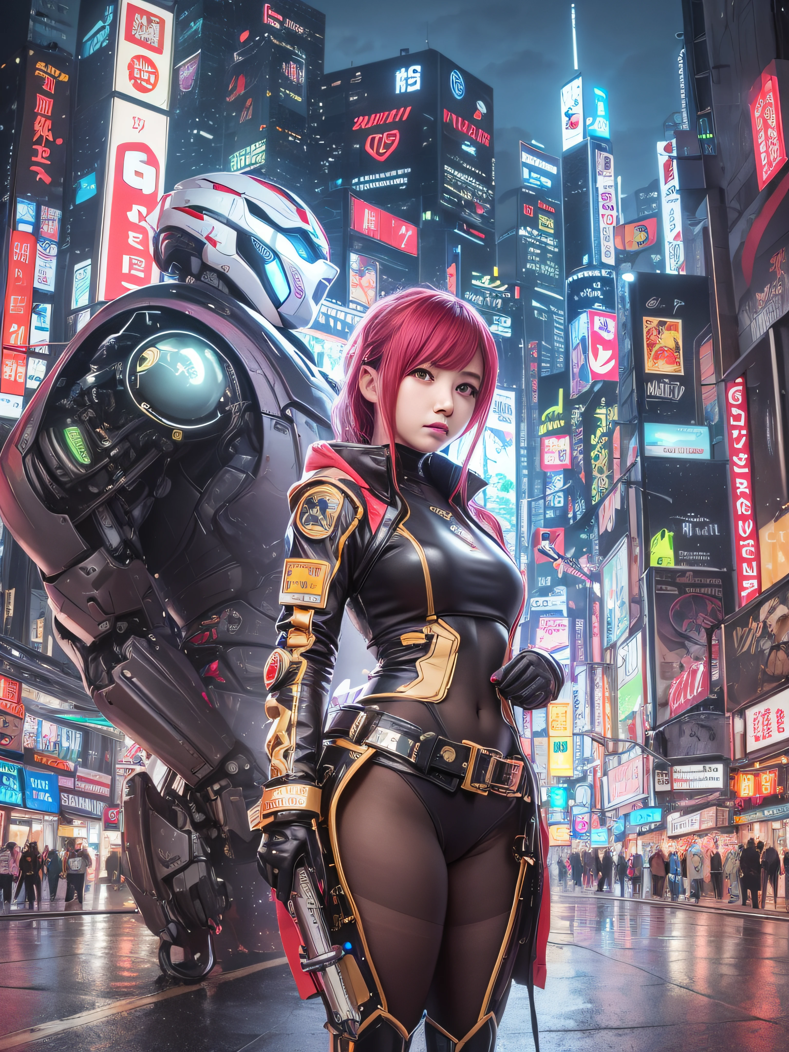 Beautiful, Lighting, Masterpiece, Top Quality, Gold Jewelry, (Slip Out Feet), Standing, Ultra Detailed, Realistic, High Quality, Movie Light, Ray Tracking, Ultra HD, Upper Body Girl in shorts and jacket standing next to giant robot, Gwise style artwork, cyberpunk mecha, Gwise, Russell Dong Junlu, Digital Cyberpunk Anime Art, Rostran 8K, Gwise in Art Station Pixiv, Mecha Network Armor Girl, Wet Skin, Wet Hair, High Quality Water, Night City, Ultra Setting