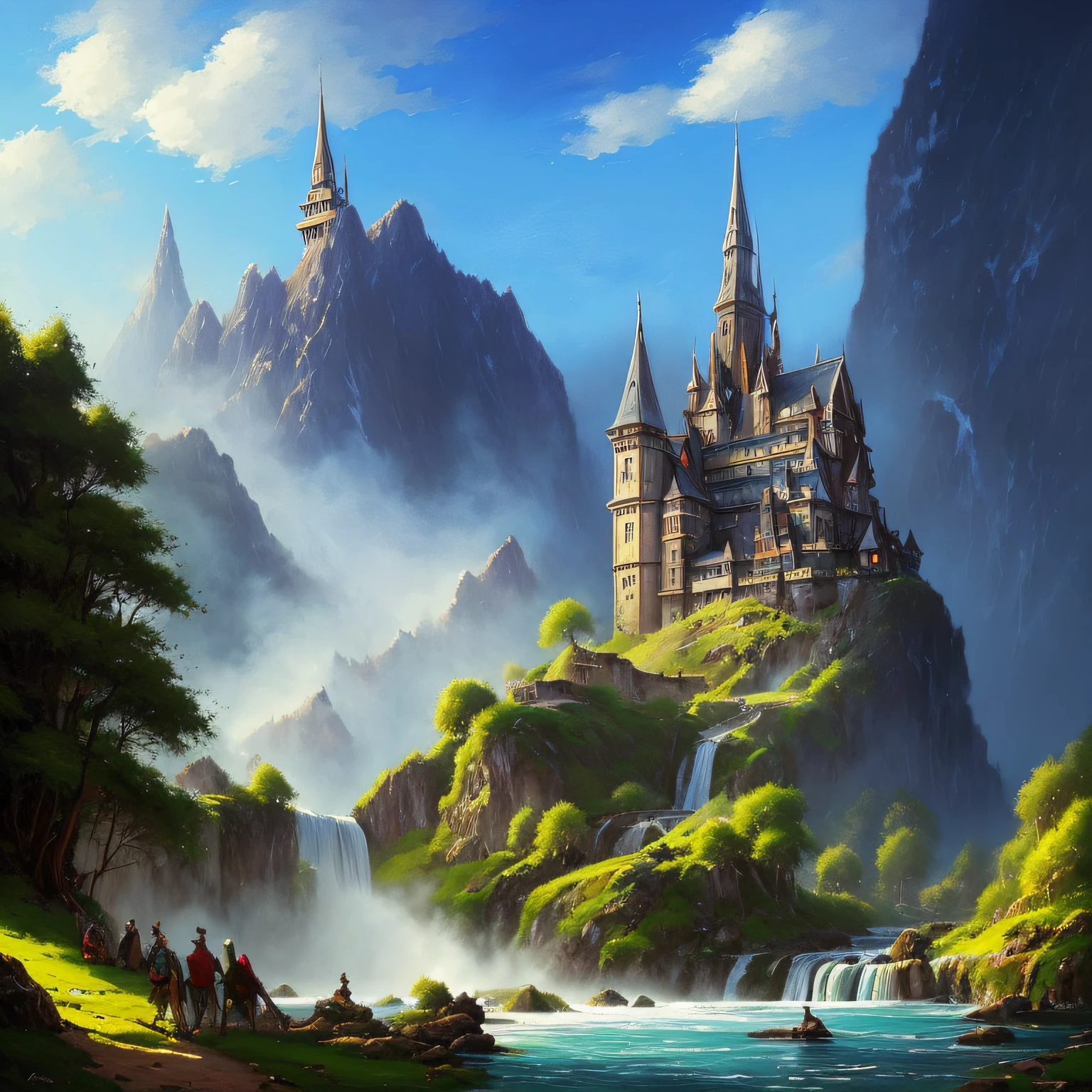 In the middle of the mountain with a waterfall is a castle, Andreas Rocha style, a magnificent castle with a tall spire, Rostlán. Scenic background, Sylvain Salaille, Andreas Rocha, John Howe, Bousiere Rutkowski Andreas Rocha, Andreas Rocha, inspired by Andreas Rocha, Jason Chan, fantasy,super details