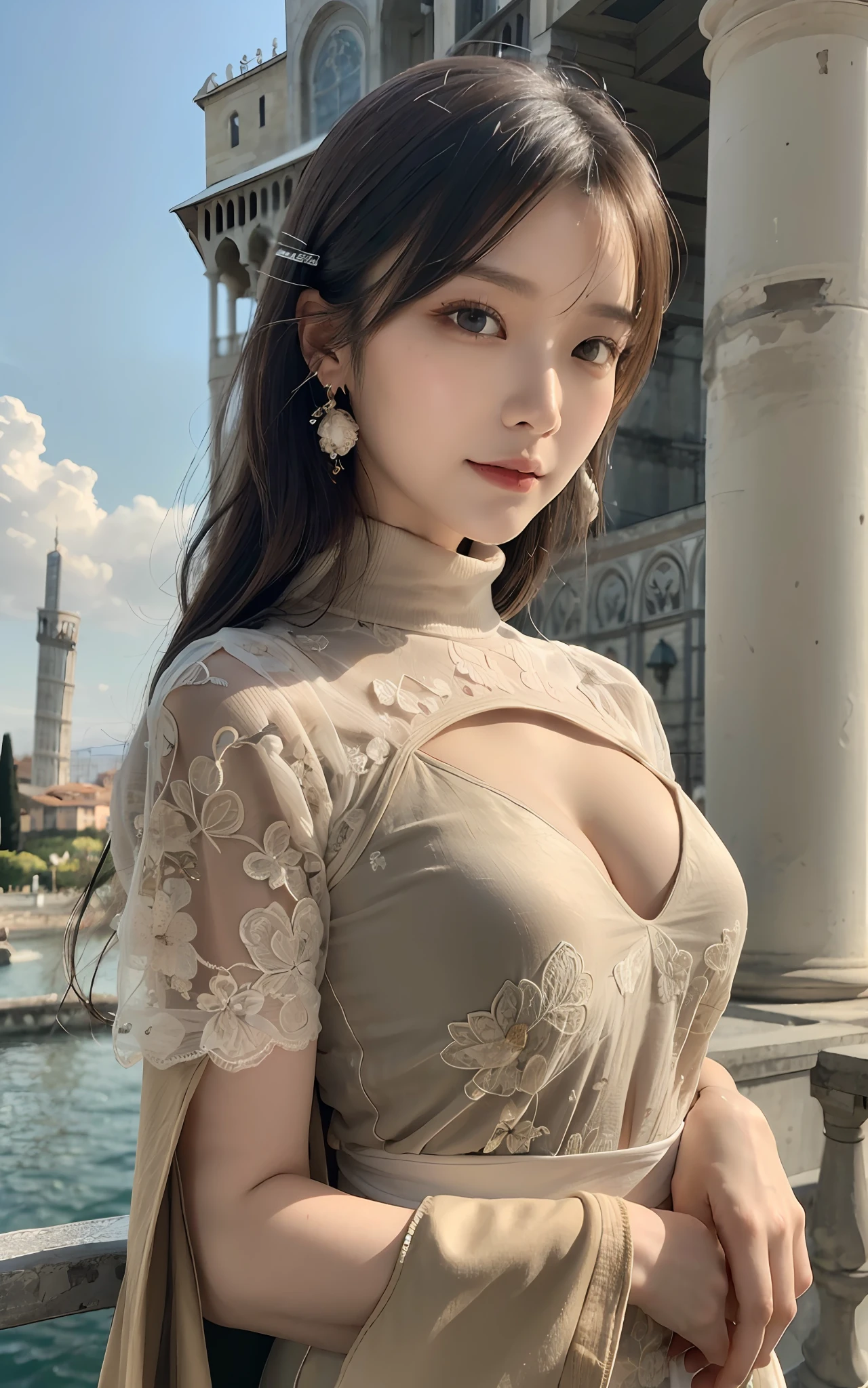 (Mai Shiraishi, white turtleneck, sleeveless, long white dress, denim shot, back shot, rear view, looking forward, (Leaning Tower of Pisa background), navel, arched back, arms up, dark brown very short hair, huge breasts, standing))), (((masterpiece, best quality, highly detailed, absurd, RAW photos, super high resolution)))), highly detailed face and skin texture, detailed eyes, sharp focus, young beautiful girl in Asia, fair skin, real human skin, oval face, pores, gentle and goddess-like eyes, lip gloss, eyelashes, glossy face, wide illumination, natural shadow, small waist, slim body, slight smile, clear facial features, beautiful face, double eyelids, drooping eyes,