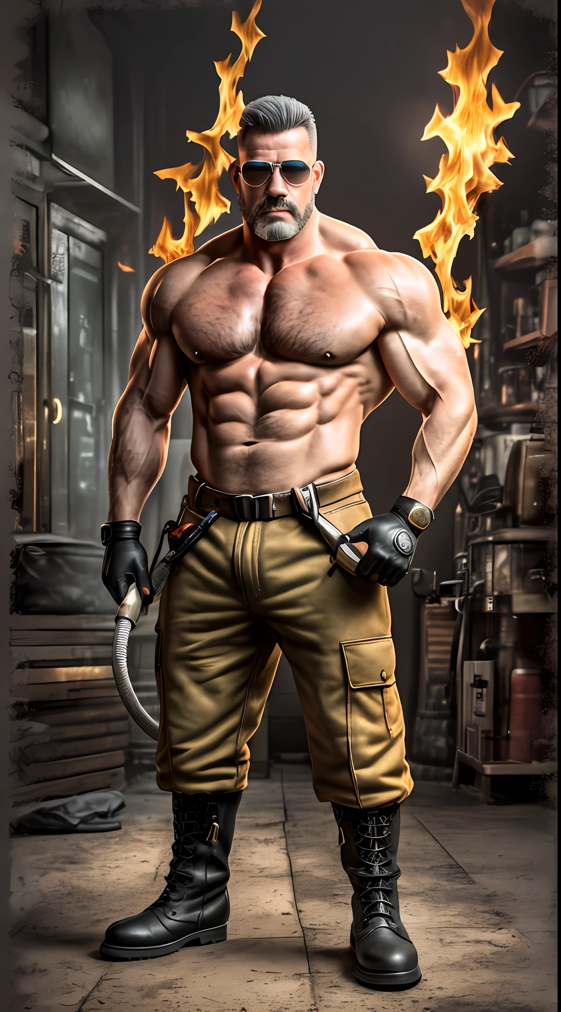 A portrait full body photograph Atractive mid age fireman, elm, badge, Aviator glasses, holding fire hose, gun, medium hair shaved sides, Strong, muscular, hairy big belly bodybuilder, jockstrap showing very hairy pubs groin area, red gloves, leather boots, flames in background, epic realistic, photo, faded, neutral colors, ((((hdr)))), muted colors, intricate scene, artstation, intricate details, vignette