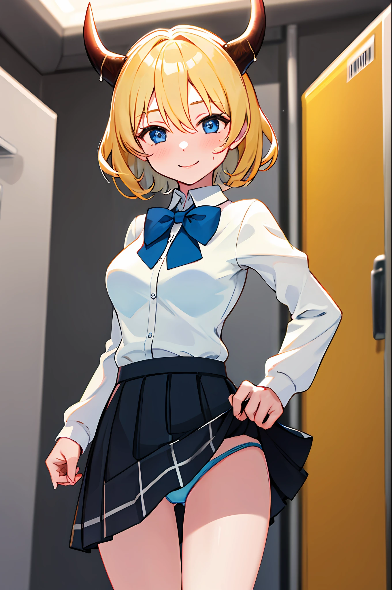 Masterpiece, Best Quality, Hi-Res, 1 Girl, Solo, Medium Breasts, Blonde, Short Hair, Two Horns on the Head, Bangs, Blue Eyes, Hair Between the Eyes, Long Sleeves, Bow Tie, School Uniform, Mini Skirt, Juliet Sleeves, Thighs, White Shirt, Cowboy Shot, (Skirt Lift: 1.3), Indoors, Toilet, Urinal, Sweat, Wet, Look Viewer,Panties, Wicked Smile