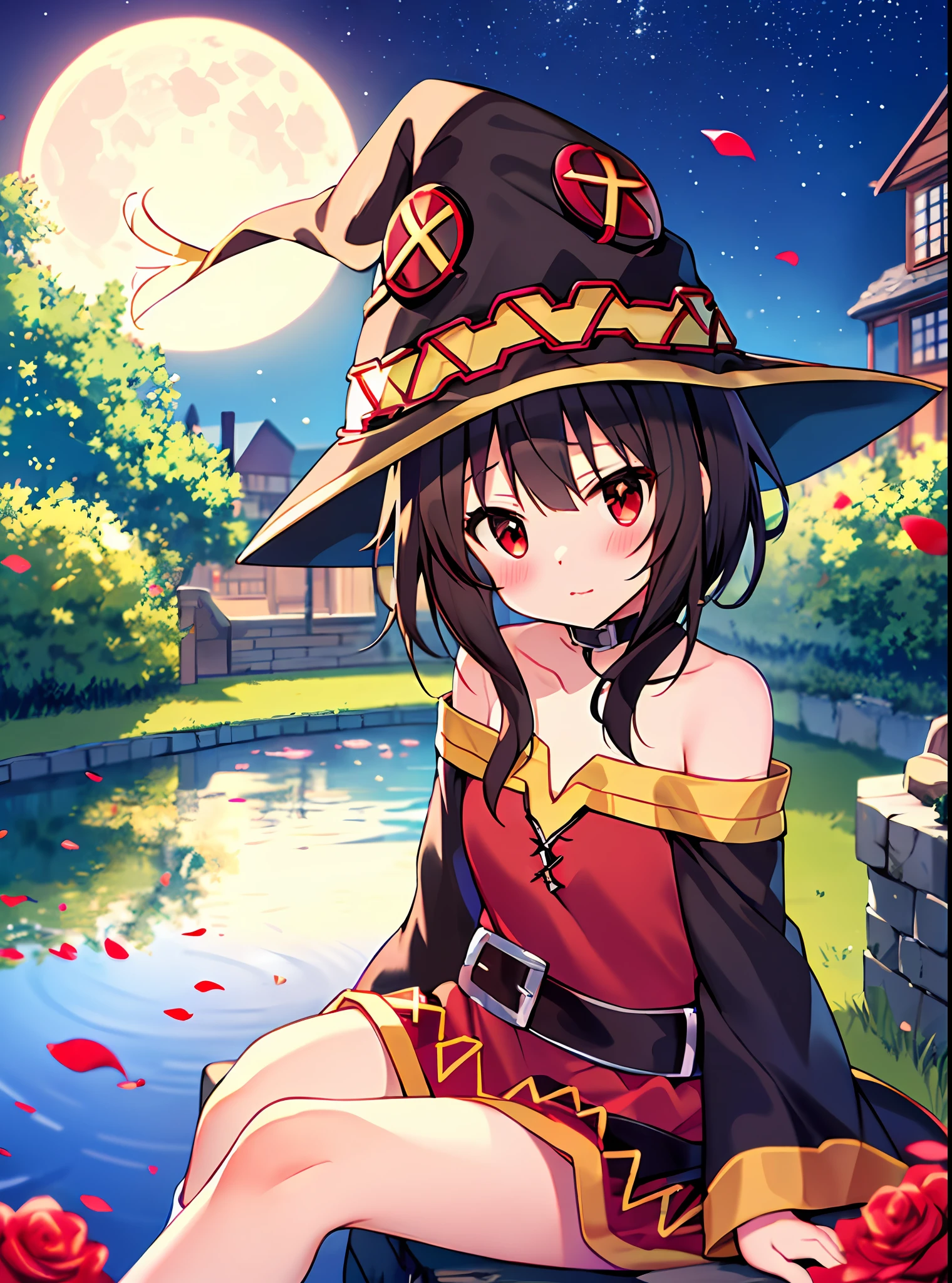 (sitting), (bow), (black hair), (short hair), (red eyes), big eyes, (blush), (megumin_konosuba in [ (sweater):(((no socks))):0.4]:1.2),(bare shoulder),collarbone,(white thighs:1.2),looking at the viewer,[(night:1.2),peaceful,sky ,((full moon)),stars,house,city,(in a courtyard),waterdrop,pond,(near the pond),tree,flower request,wind::0,6],(refraction of lridescent light), (floating rose petals: 1.2), dreamer