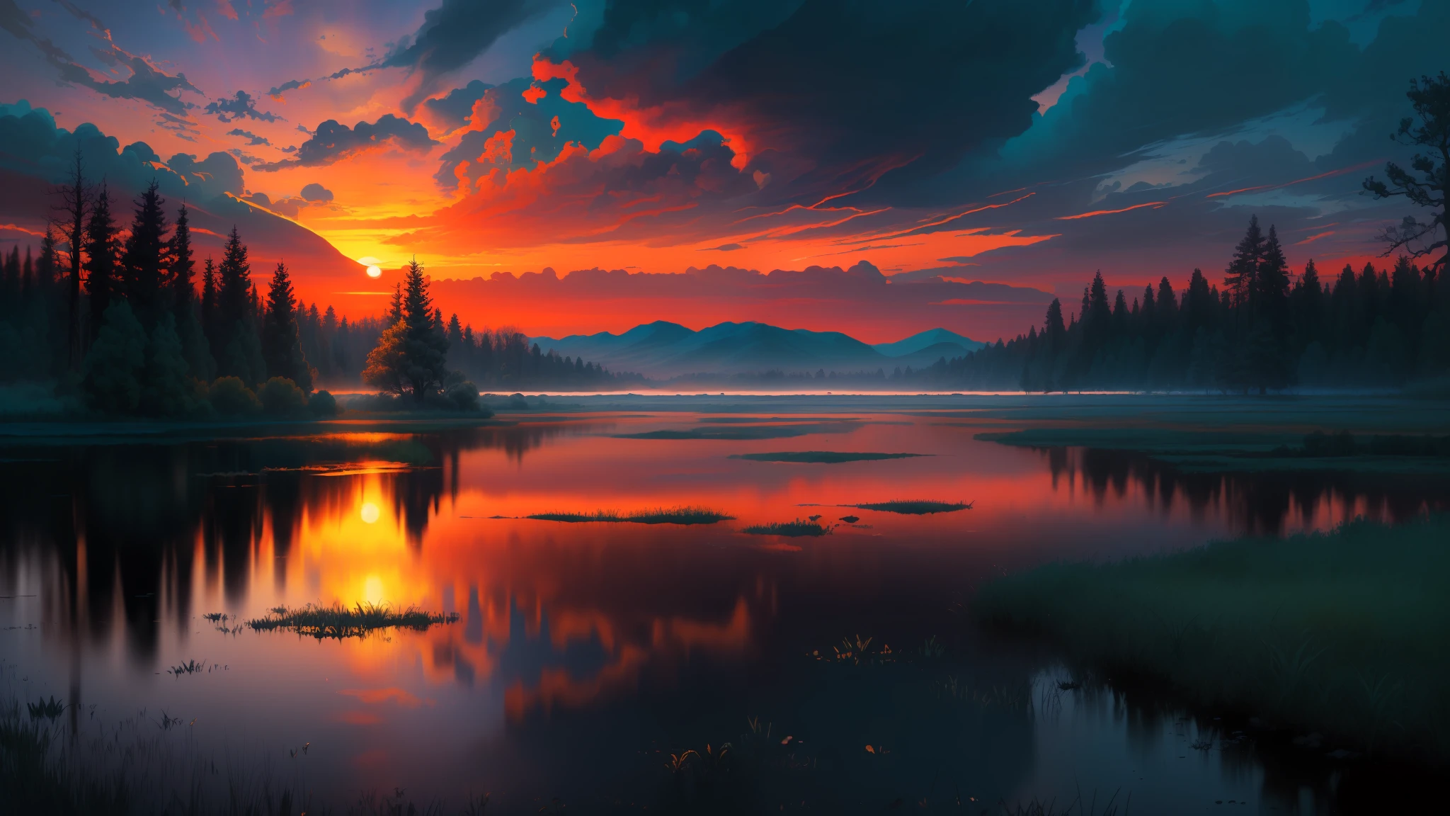 (masterpiece, best quality, high quality, highres:1.4), detailed, extremely detailed, ambient soft lighting, 4K, landscape, (dusk, setting sun, darkening sky:1.3), swamp, mire, mist, mountains in the background, crooked trees, darkness, dark fantasy, gothichorrorai