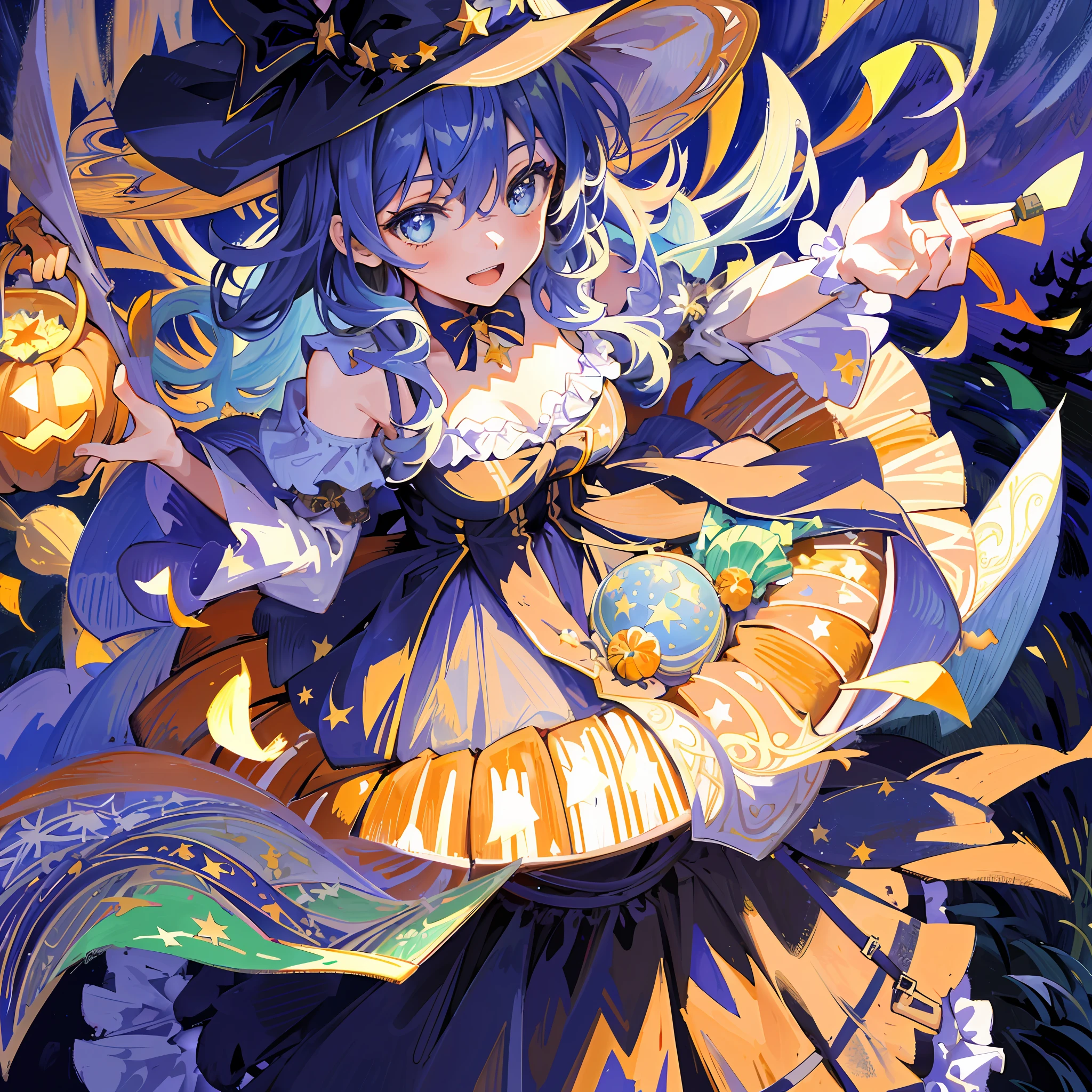 ((masterpiece:1.2, best quality)), 1girl, solo, (witch hat), a close up of a girl with curly hair, dress, aurora, night, star (sky), gloves, sky, dress, night sky, open mouth, starry sky, light blue eyes, ribbons, smile, cape, colorful hair, magic, casting spell, night, (impressionism:1.4), alphonse mucha, Halloween colors, colorful candy, magical lights, pumpkins, candies