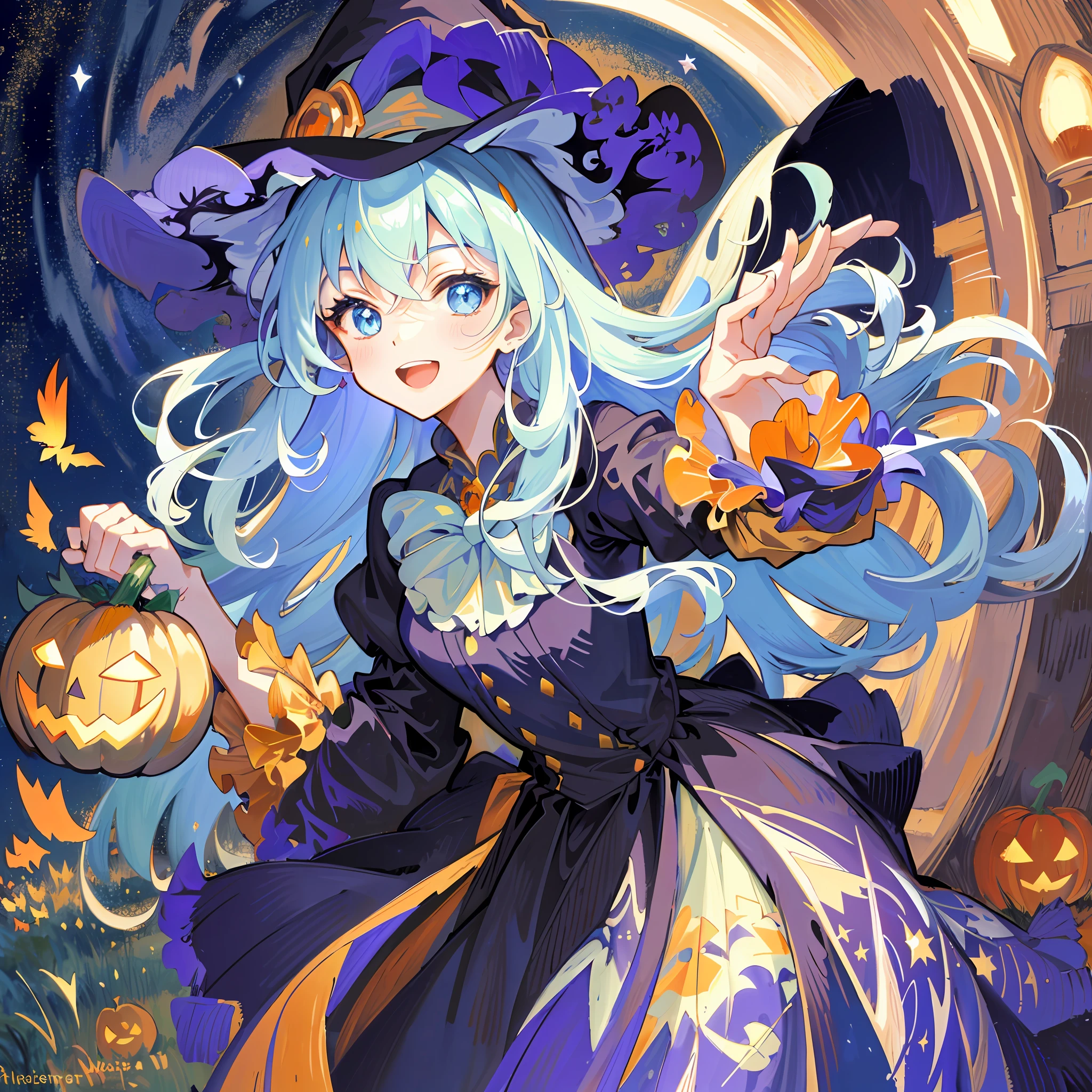 ((masterpiece:1.2, best quality)), 1girl, solo, (witch hat), a close up of a girl with curly hair, dress, aurora, night, star (sky), gloves, sky, dress, night sky, open mouth, starry sky, light blue eyes, ribbons, smile, cape, colorful hair, magic, casting spell, night, (impressionism:1.4), alphonse mucha, Halloween colors, colorful candy, magical lights, pumpkins, candies