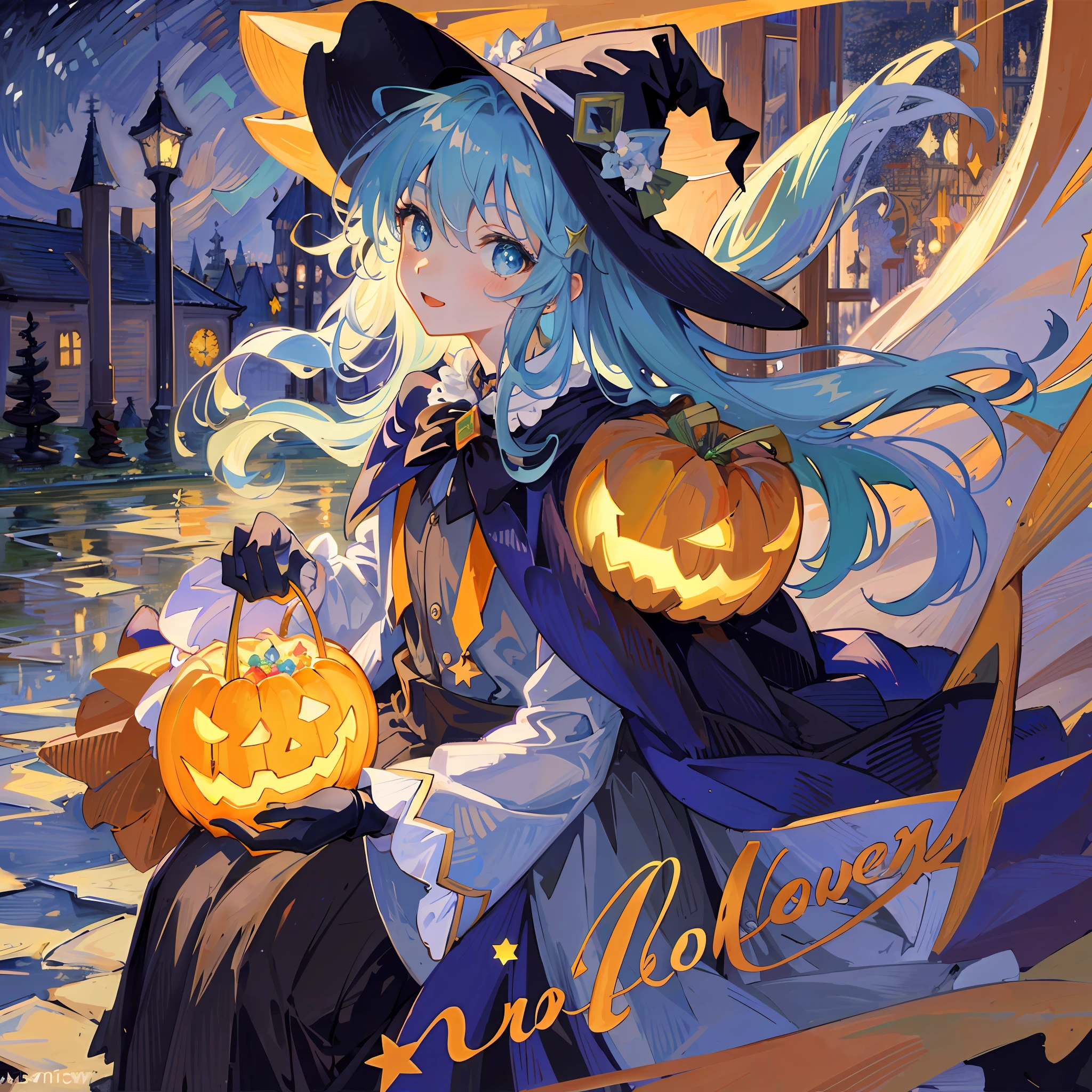((masterpiece:1.2, best quality)), 1girl, solo, (witch hat), a close up of a girl with curly hair, dress, aurora, night, star (sky), gloves, sky, dress, night sky, open mouth, starry sky, light blue eyes, ribbons, smile, cape, colorful hair, magic, casting spell, night, (impressionism:1.4), alphonse mucha, Halloween colors, colorful candy, magical lights, pumpkins, candies