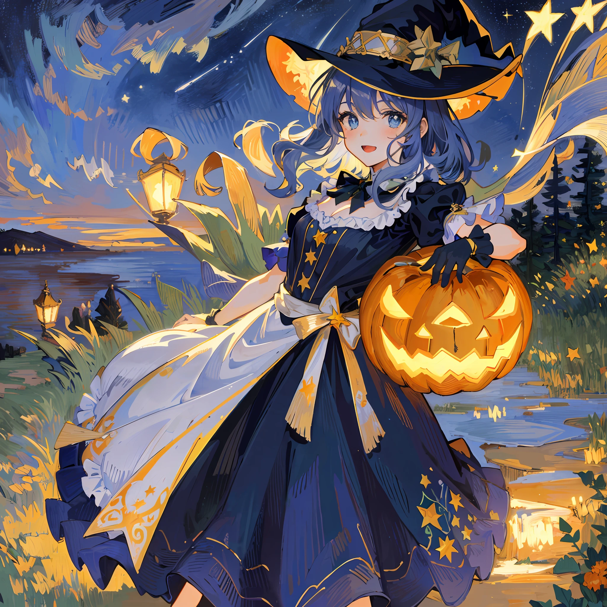((masterpiece:1.2, best quality)), 1girl, solo, (witch hat), a close up of a girl with curly hair, dress, aurora, night, star (sky), gloves, sky, dress, night sky, open mouth, starry sky, light blue eyes, ribbons, smile, cape, colorful hair, magic, casting spell, night, (impressionism:1.4), alphonse mucha, Halloween colors, colorful candy, magical lights, pumpkins, candies