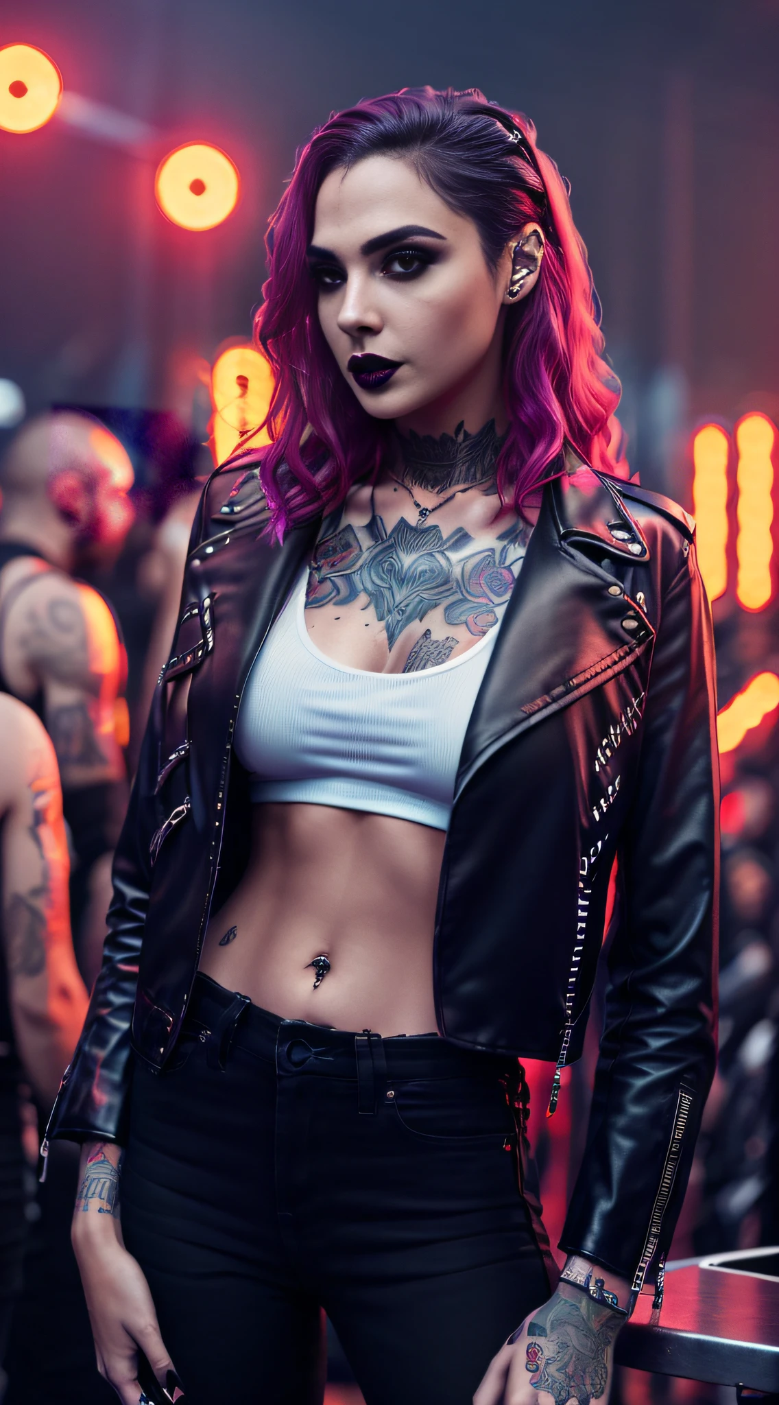 Beautiful caucasian tattoo model metalhead goth girl clubbing with a glass of alcohol drink at hot rock concert party. Biker leather jacket, crop top decollete. Lush hair. Neon light. Realistc image. Photo --auto