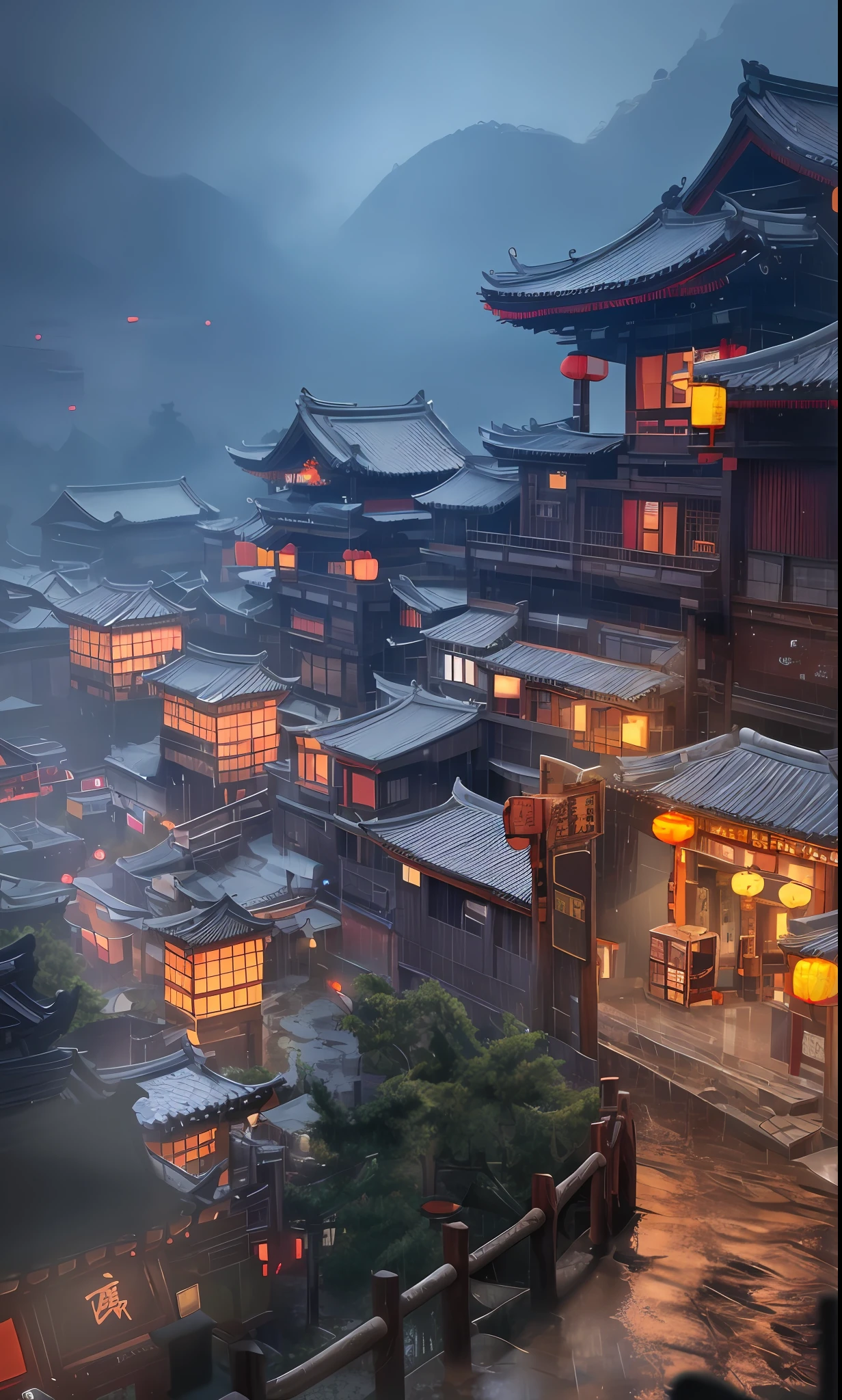 arafed view of a village with a lot of lights on the buildings, dreamy chinese town, chinese village, amazing wallpaper, japanese town, japanese village, hyper realistic photo of a town, old asian village, japanese city, by Raymond Han, rainy evening, cyberpunk chinese ancient castle, beautifully lit buildings, at evening during rain, beautiful and aesthetic, photography, cinematic, 8k, high detailed ((Heavy rain)))