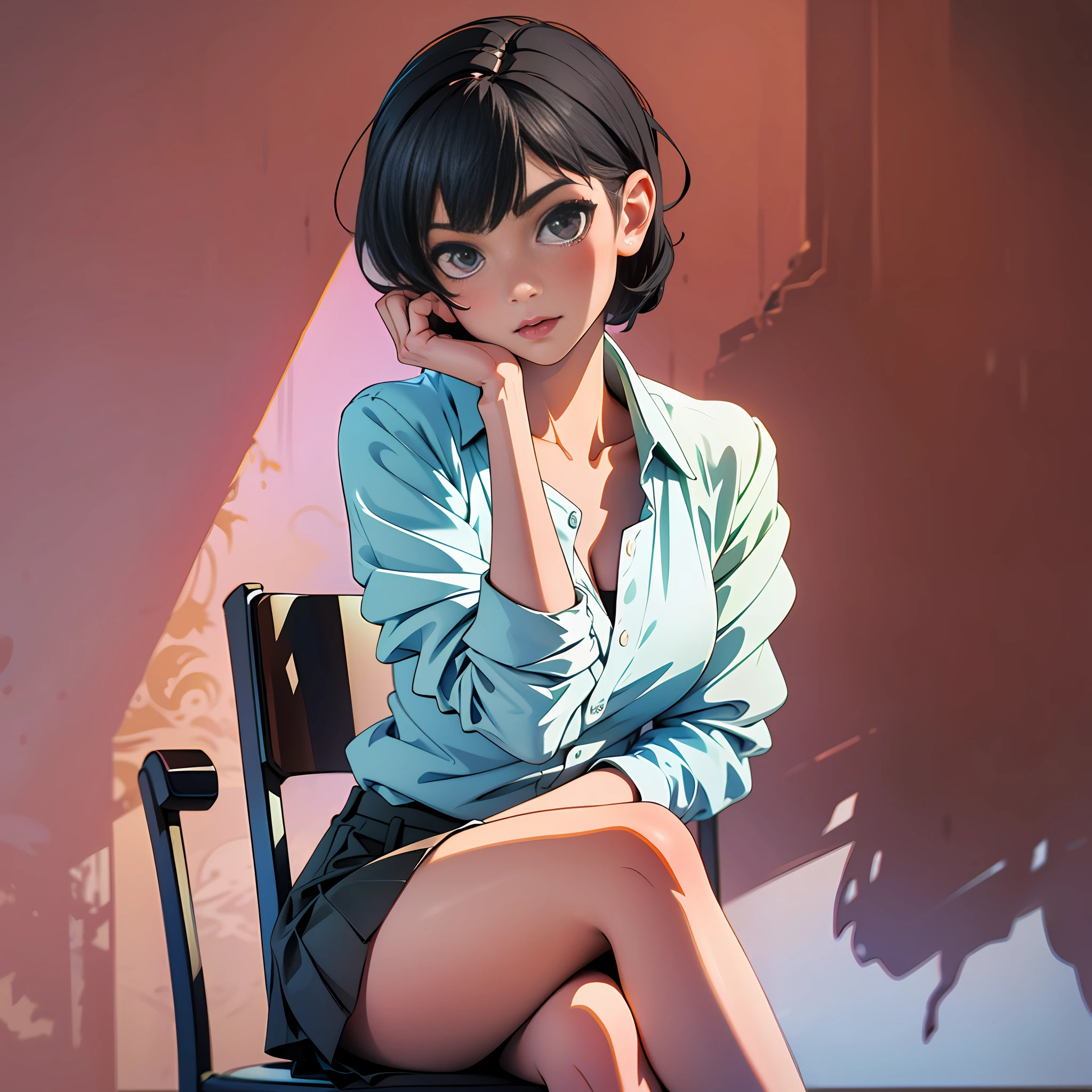 Woman's, short black hair, hands on hips, white shirt, black miniskirt, legs crossed, sitting in chair --auto --s2