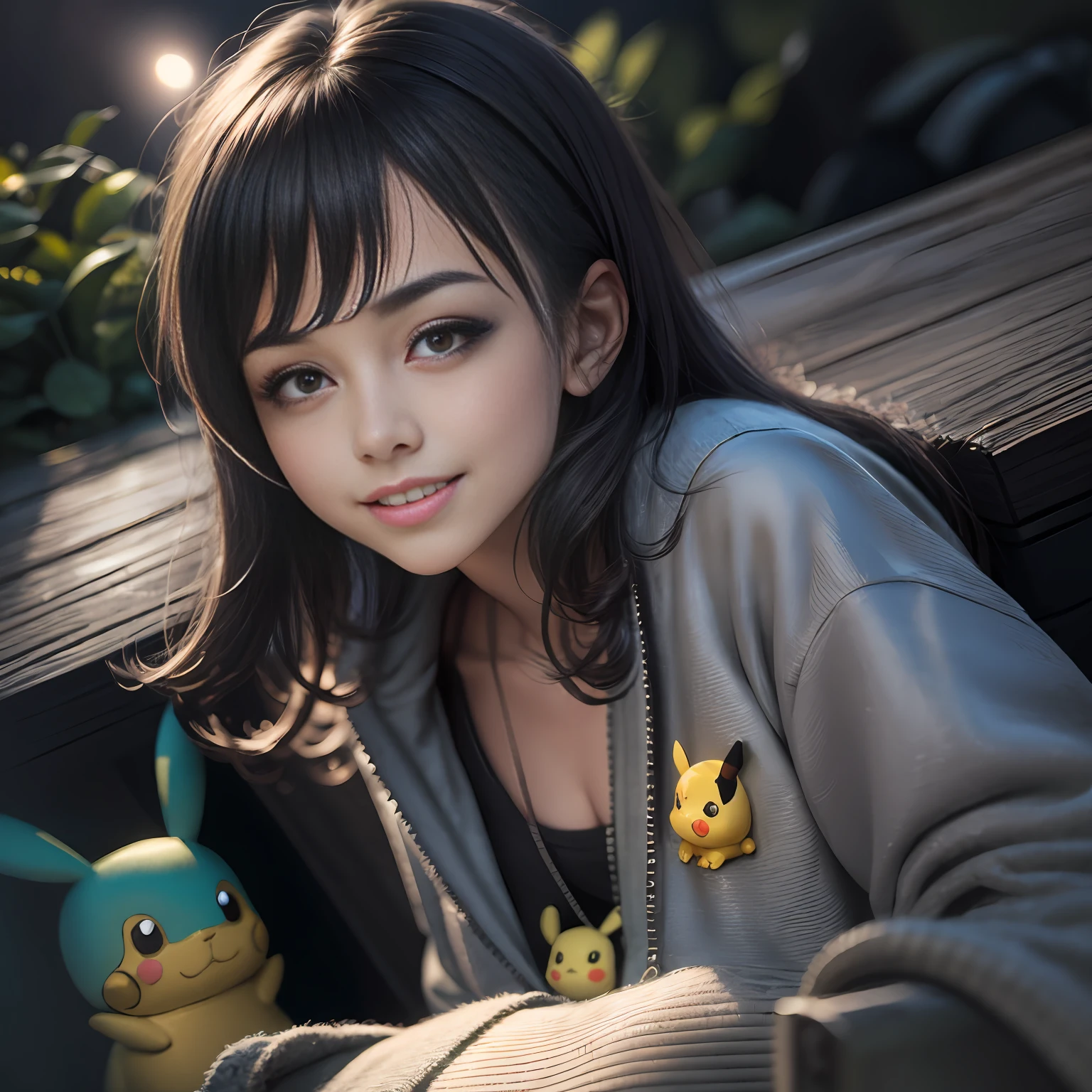 "masterpiece, best quality, ultra-detailed, realistic portrait-style illustration of a cute girl sitting on the ground, Smilling, next to a toy pikachu, beautiful lighting, depth of field, soft shadows, vibrant colors, fresh and lively scenery"