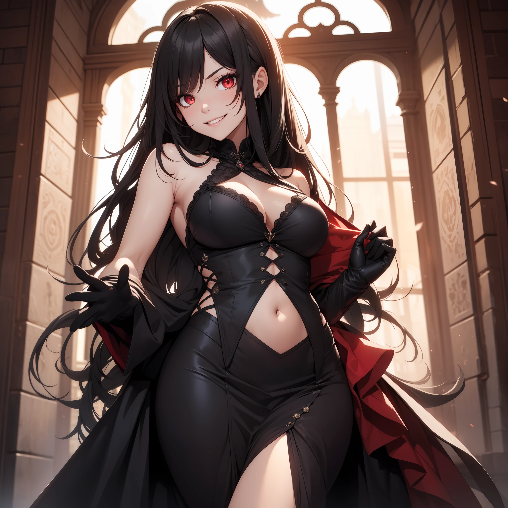 solo female, black hair, long hair, red eyes, black dress, black gloves, slit pupils, Victorian setting, evil smile, navel