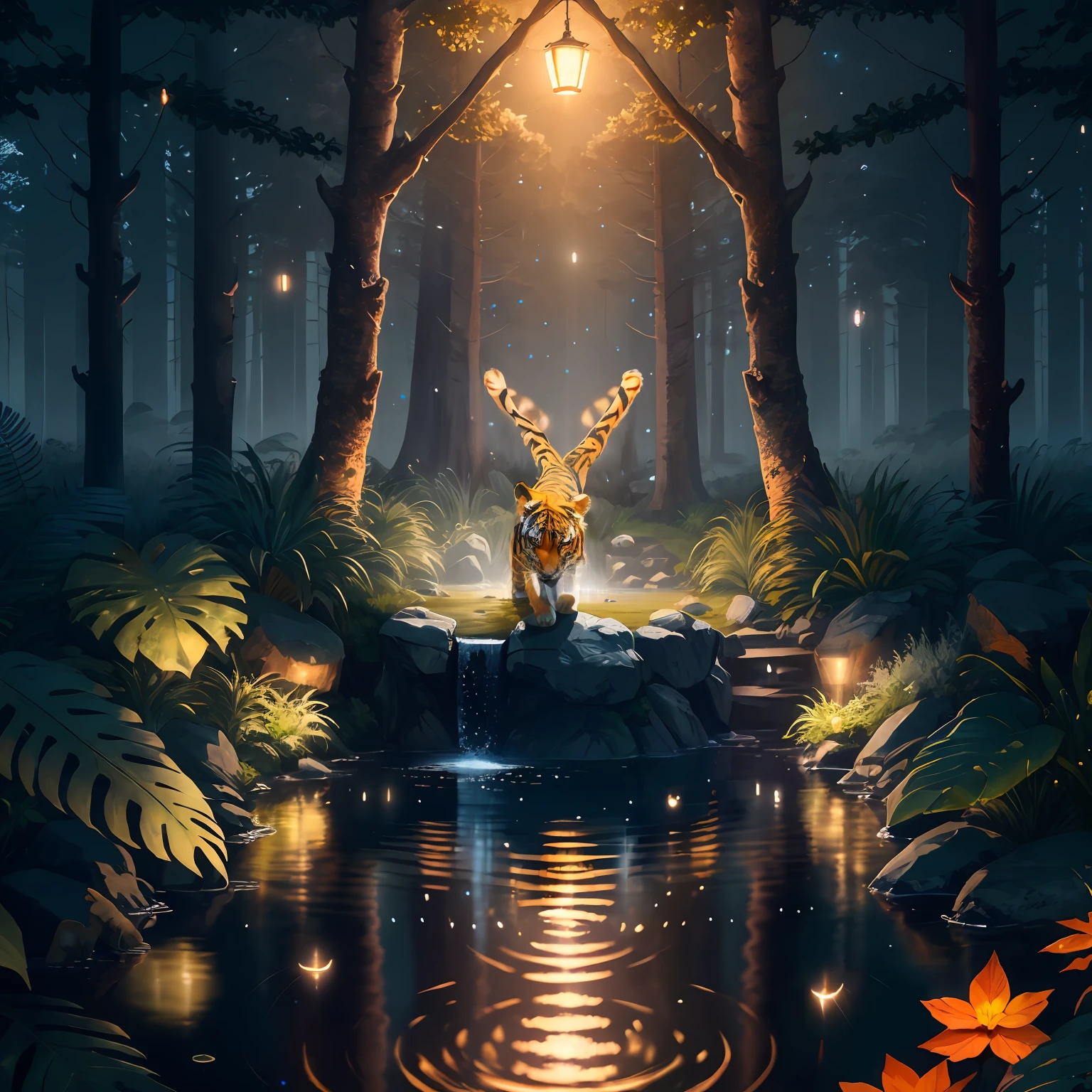 Tiger drinking water, Reflection hitting the water,((Night environment)), ((Strong Colors)), Full Moon, Landscape with Expansive Environment, Forest.