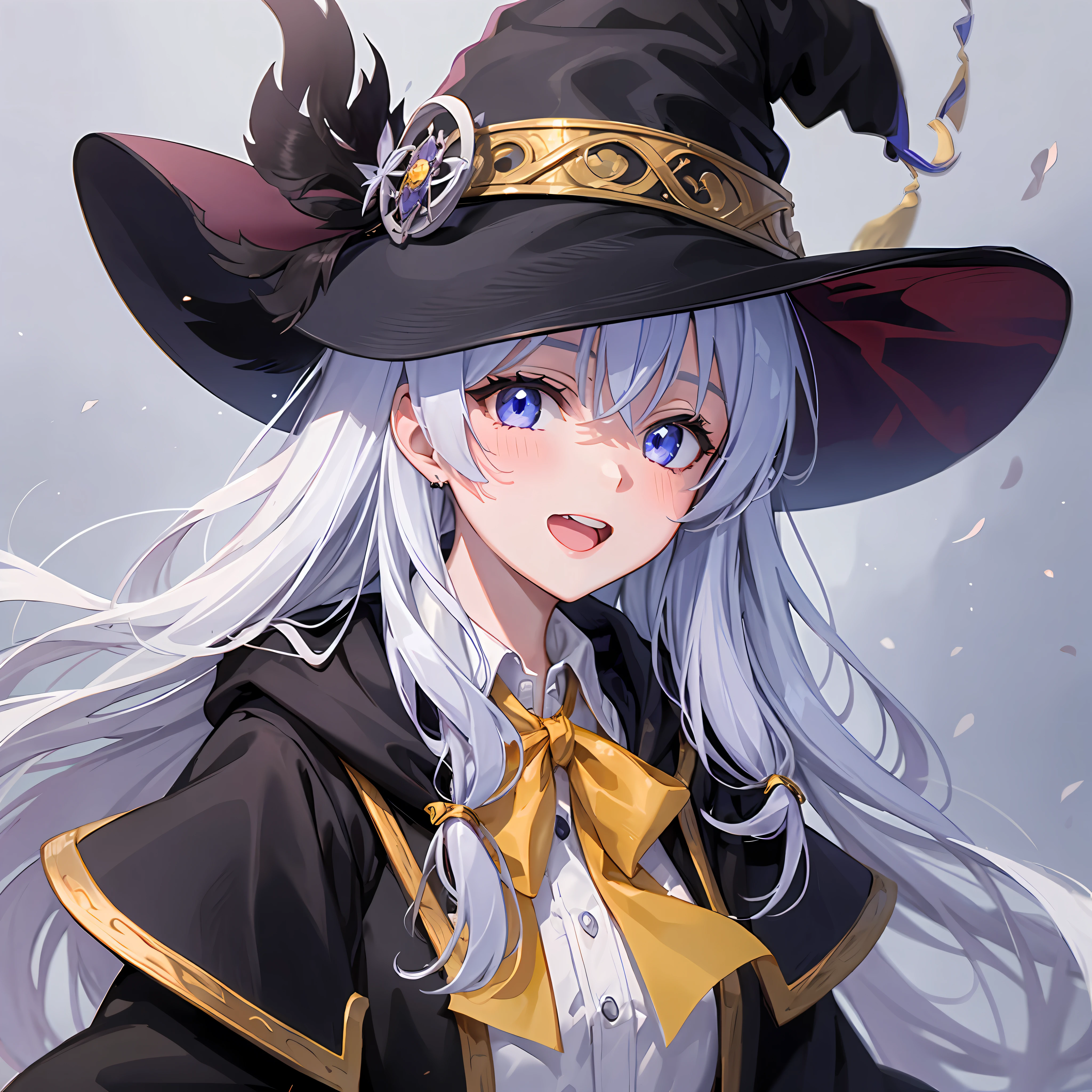 (masterpiece:1.6, best quality), (finely detailed beautiful eyes: 1.2), phelaina, Eouftit3, Eof3, 1girl, elaina (majo no tabitabi), solo, witch hat, long hair, black headwear, blue eyes, collared shirt, hair between eyes, white shirt, ribbon, yellow ribbon, bangs, upper teeth only, teeth, neck ribbon, bow, witch, open clothes, blush, anime coloring, hood, yellow bow, jewelry, floating hair, yellow bowtie, shiny hair, bowtie, black robe, wing collar, open robe, purple eyes, dress shirt
, anime color,