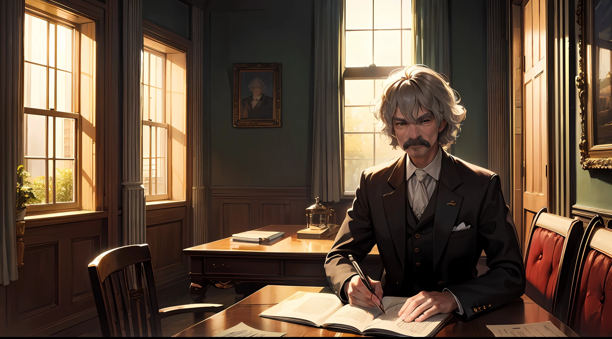 Mark Twain sitting at a desk looking into the camera with a background of a cozy, dark house --auto