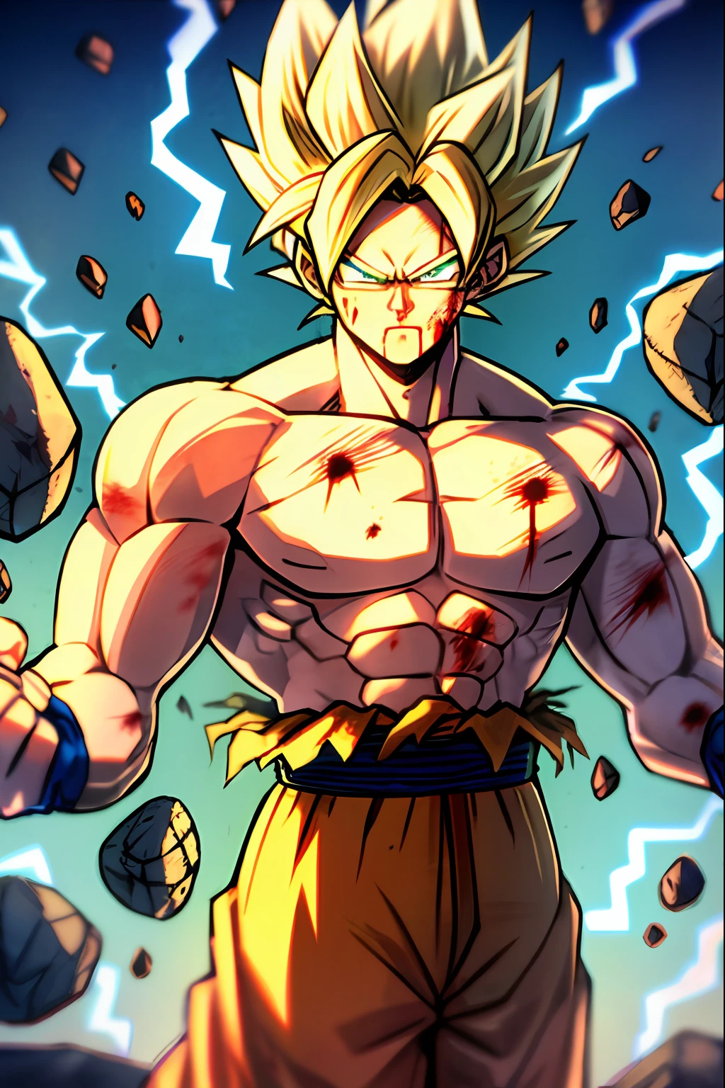 son goku, 1boy, artist name, biceps, blonde hair, blood, blood from mouth, blue sash, blue wristband, clenched hands, closed mouth, collarbone, dougi, electricity, energy, floating rock, frown, green eyes, looking at viewer, male focus, muscular, muscular male, pectorals, ribs, rock, sash, scratches, serious, solo, spiked hair, super saiyan, super saiyan 1, ??????? male, torn clothes, v-shaped eyebrows, wristband, ((masterpiece))