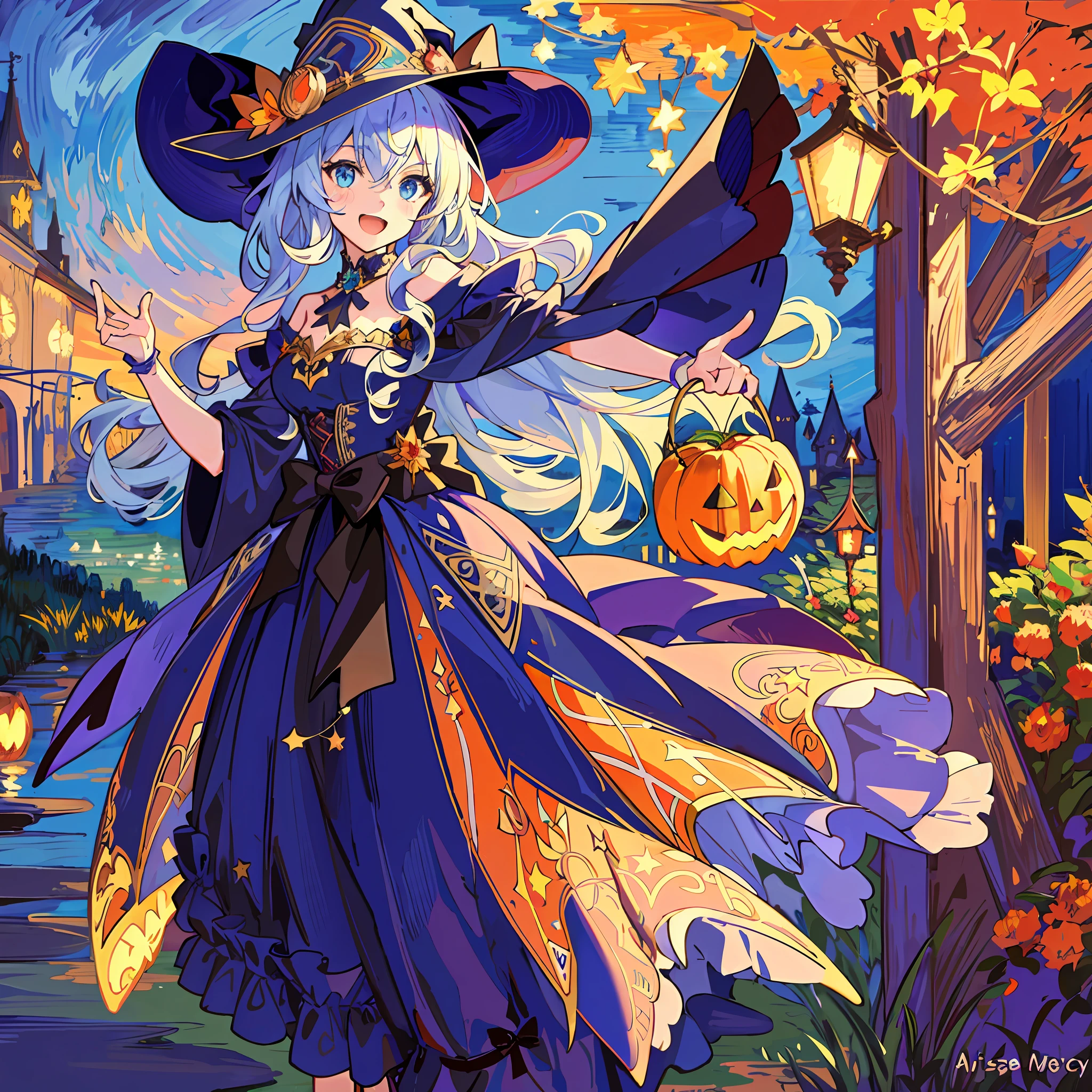((masterpiece:1.2, best quality)), 1girl, solo, (witch hat), a close up of a girl with curly hair, dress, aurora, night, star (sky), gloves, sky, dress, night sky, open mouth, starry sky, light blue eyes, ribbons, smile, cape, colorful hair, magic, casting spell, night, (impressionism:1.4), alphonse mucha, Halloween colors, colorful candy, magical lights, pumpkins, candies