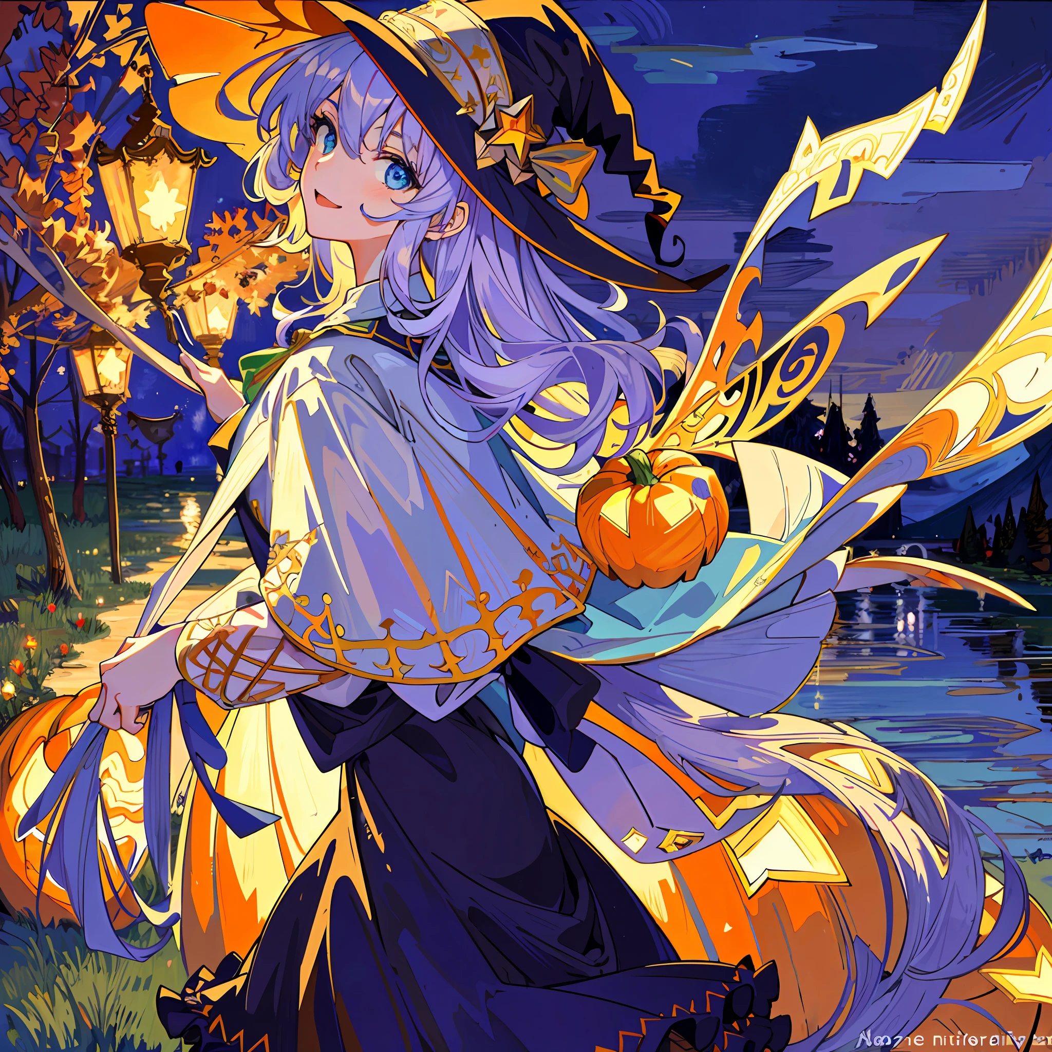 ((masterpiece:1.2, best quality)), 1girl, solo, (witch hat), a close up of a girl with curly hair, dress, aurora, night, star (sky), gloves, sky, dress, night sky, open mouth, starry sky, light blue eyes, ribbons, smile, cape, colorful hair, magic, casting spell, night, (impressionism:1.4), alphonse mucha, Halloween colors, colorful candy, magical lights, pumpkins, candies