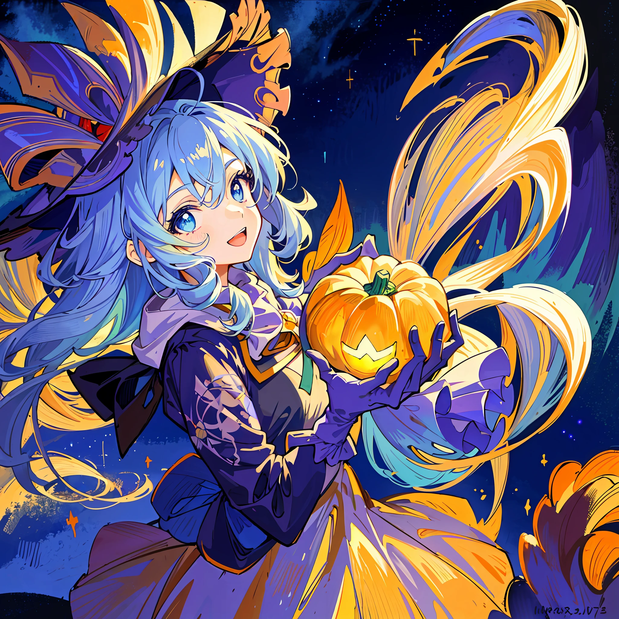 ((masterpiece:1.2, best quality)), 1girl, solo, (witch hat), a close up of a girl with curly hair, dress, aurora, night, star (sky), gloves, sky, dress, night sky, open mouth, starry sky, light blue eyes, ribbons, smile, cape, colorful hair, magic, casting spell, night, (impressionism:1.4), alphonse mucha, Halloween colors, colorful candy, magical lights, pumpkins, candies