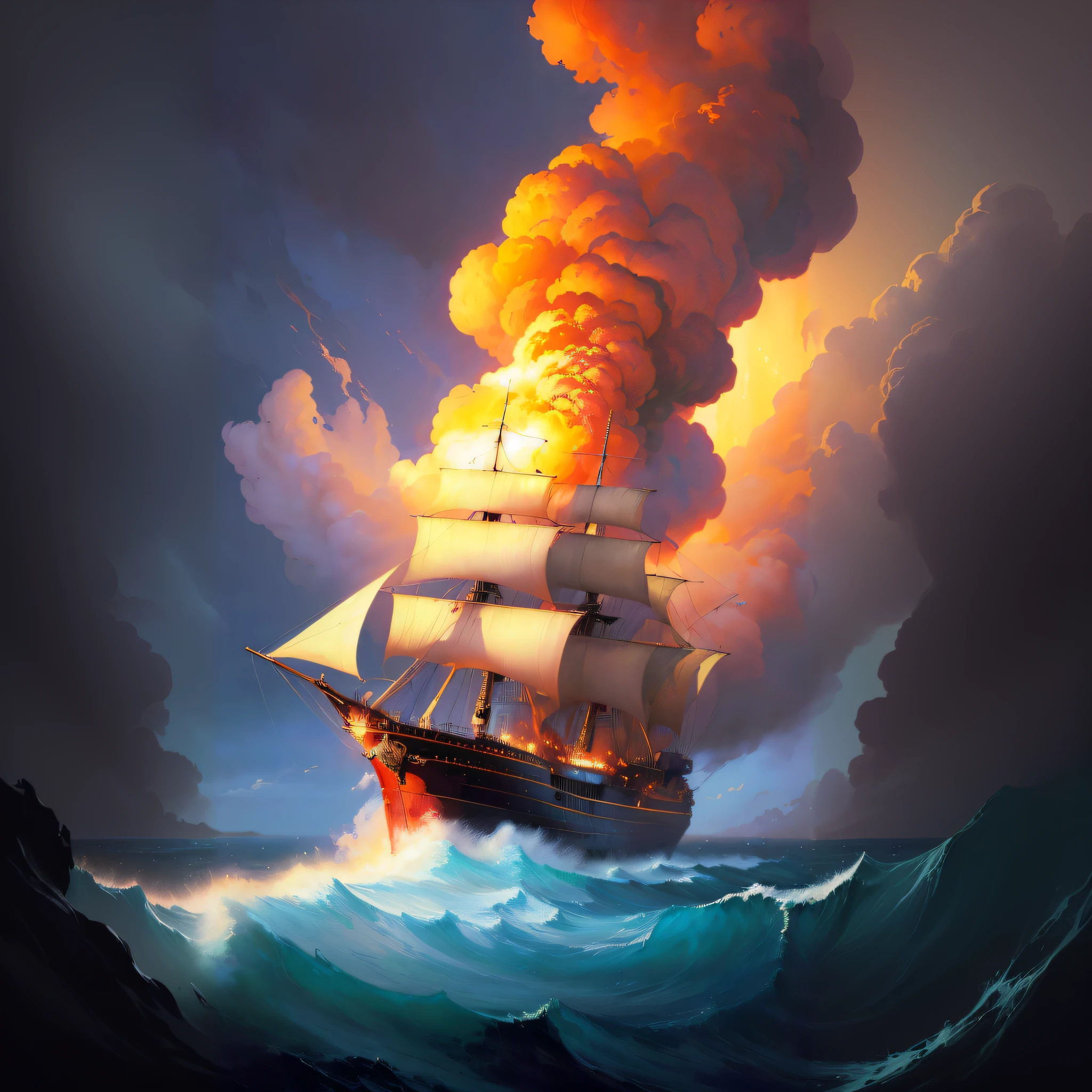 painting of a ship in the ocean with a cloud of smoke coming out of it, by Daniel Ljunggren, collectible card art, rhads!, rhads!!!, by RHADS, rob rey, android jones and rhads, concept art | rhads, by Raymond Han, inspired by RHADS, by Brian Thomas, amazing wallpaper, full art
