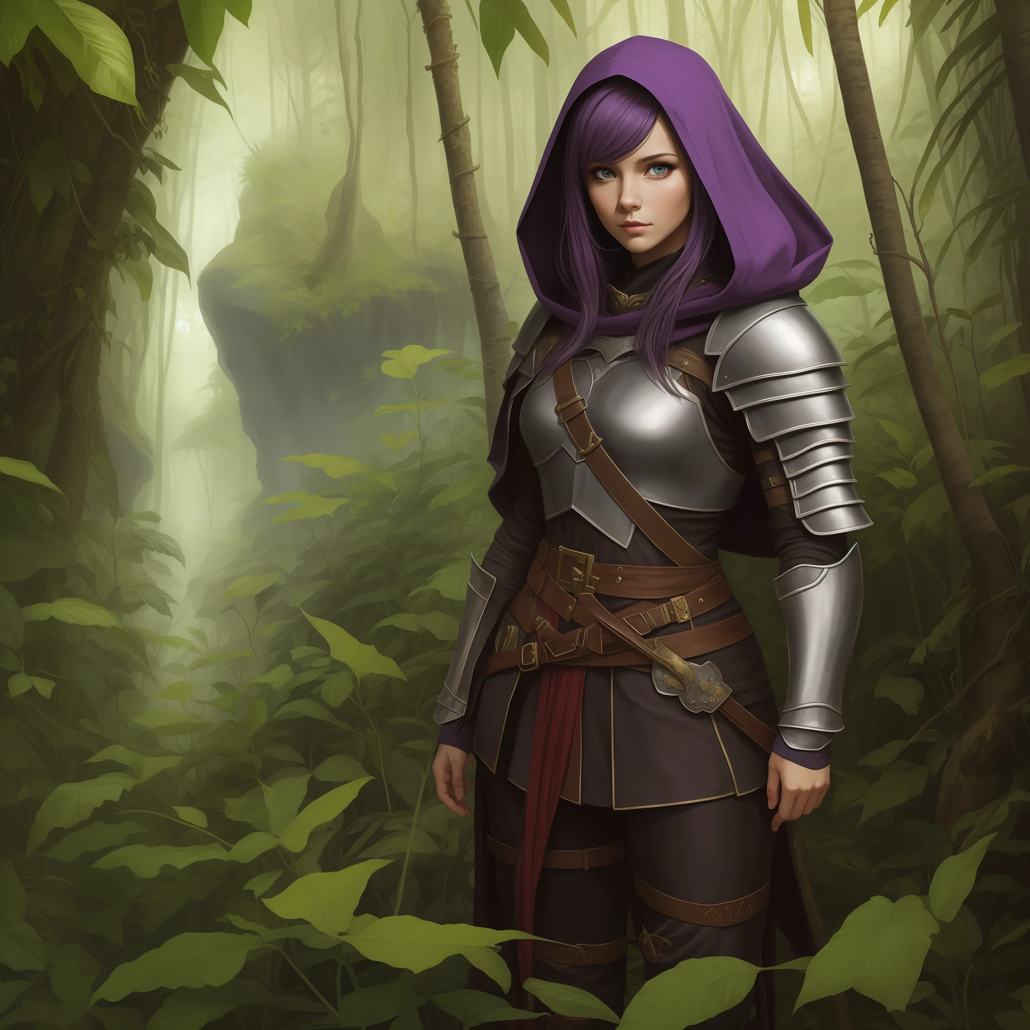 Painting, icon, Elf, girl, European appearance, purple hair, (rogue costume), missing princess, in full armor, hood, realism, realistic, long hair, beautiful, high quality, masterpiece, in the jungle, fantasy --auto