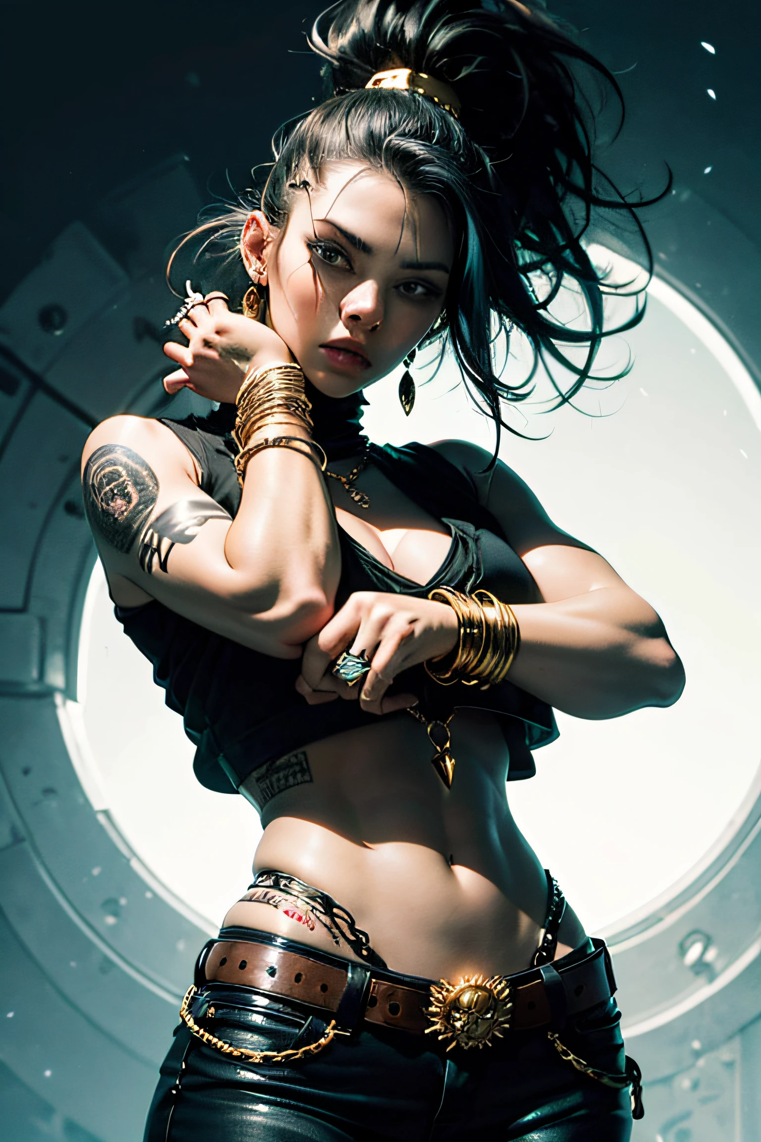 Very muscular woman wearing many golden bracelets, black mohawk style hair, punk rock background, strong attitude, intense shadows