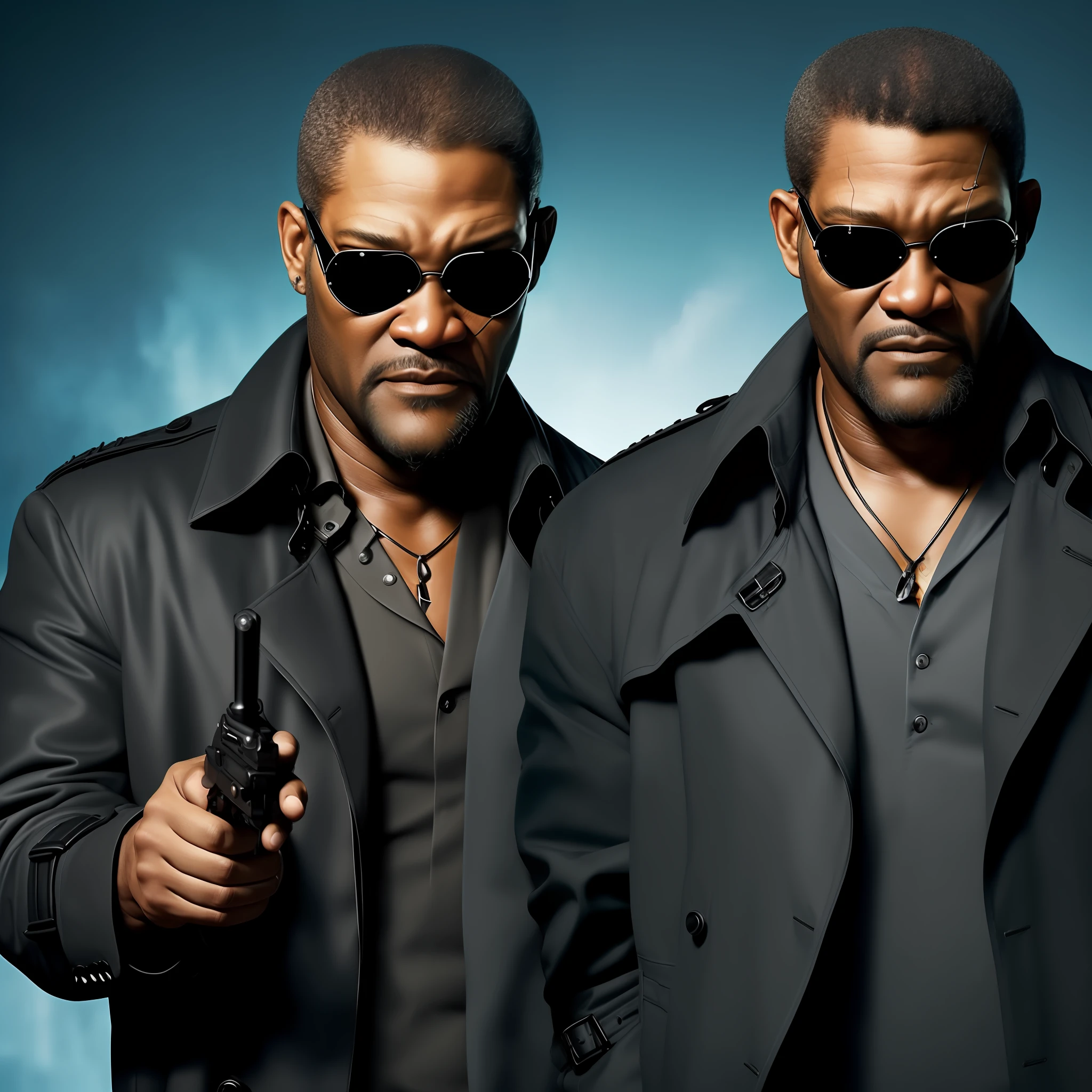 (realistic, photorealistic with real face of Laurence Fishburne from the character Morpheus from the movie Matrix. Laurence Fishburne has a black trench coat. Morpheus with gun in his hands. All real --auto