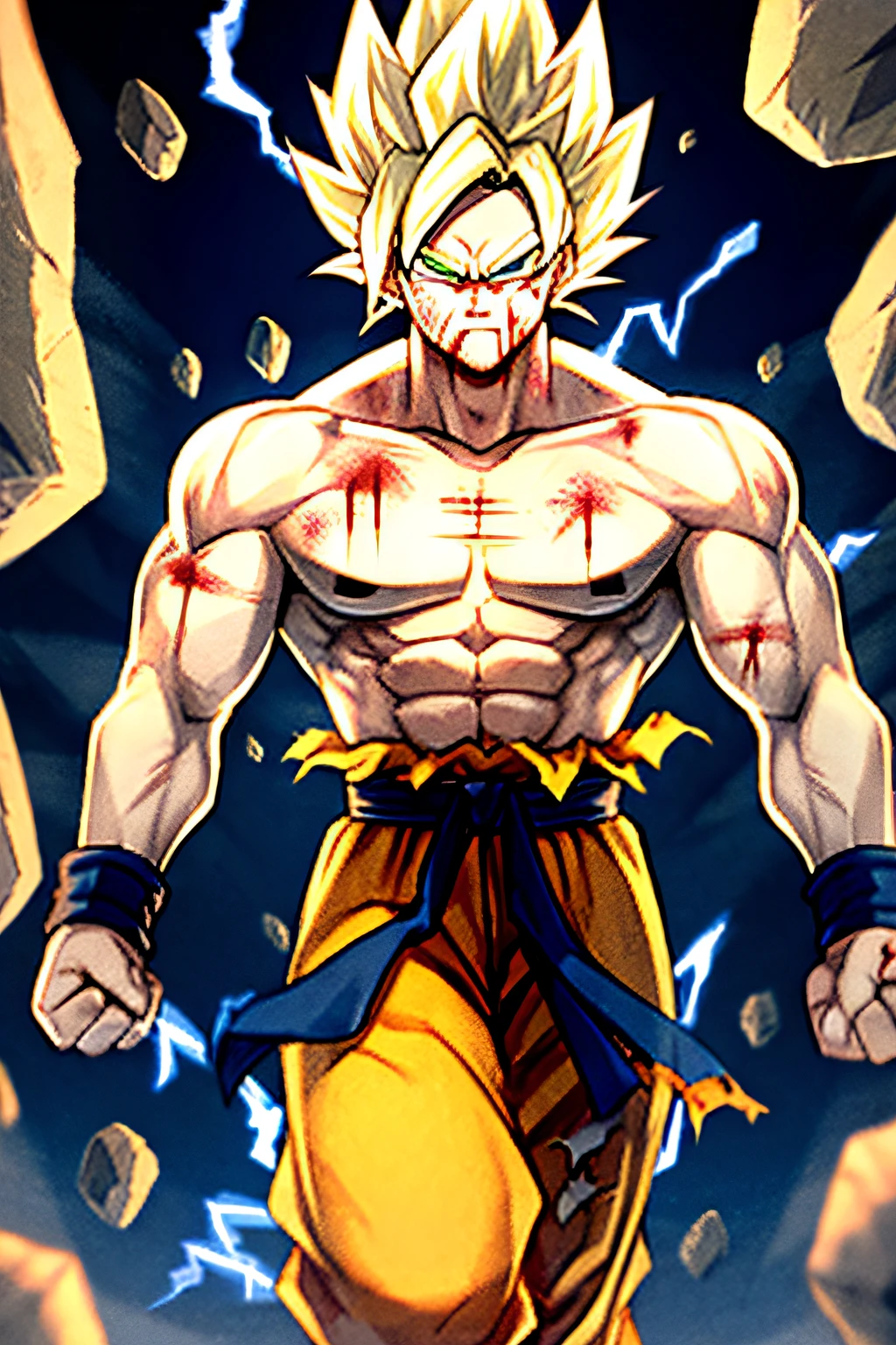 son goku, 1boy, artist name, biceps, blonde hair, blood, blood from mouth, blue sash, blue wristband, clenched hands, closed mouth, collarbone, dougi, electricity, energy, floating rock, frown, green eyes, looking at viewer, male focus, muscular, muscular male, pectorals, ribs, rock, sash, scratches, serious, solo, spiked hair, super saiyan, super saiyan 1, topless male, torn clothes, v-shaped eyebrows, wristband, ((masterpiece))