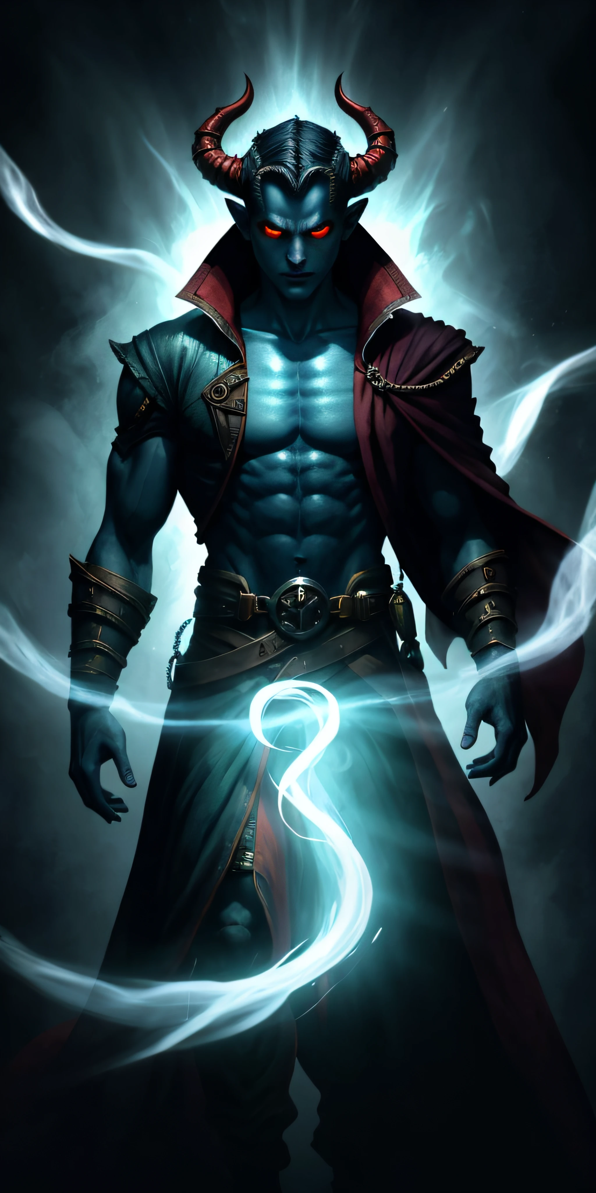 "A shadow draped across a male tiefling's shoulder, emanating an aura of mystery and intrigue. 4k image, with impeccable attention to light and shadow, capturing the essence of the RPG style in stunning high quality."