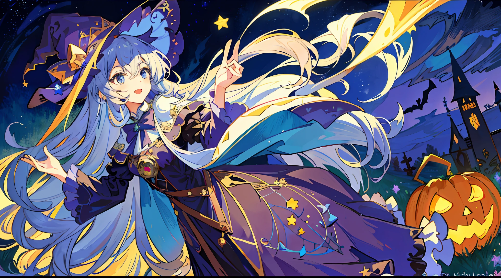 ((masterpiece:1.2, best quality)), 1girl, solo, (witch hat), a close up of a girl with curly hair, dress, aurora, night, star (sky), gloves, sky, dress, night sky, open mouth, starry sky, light blue eyes, ribbons, smile, cape, colorful hair, magic, casting spell, night, (impressionism:1.4), alphonse mucha, Halloween colors, colorful candy, magical lights, pumpkins, candies