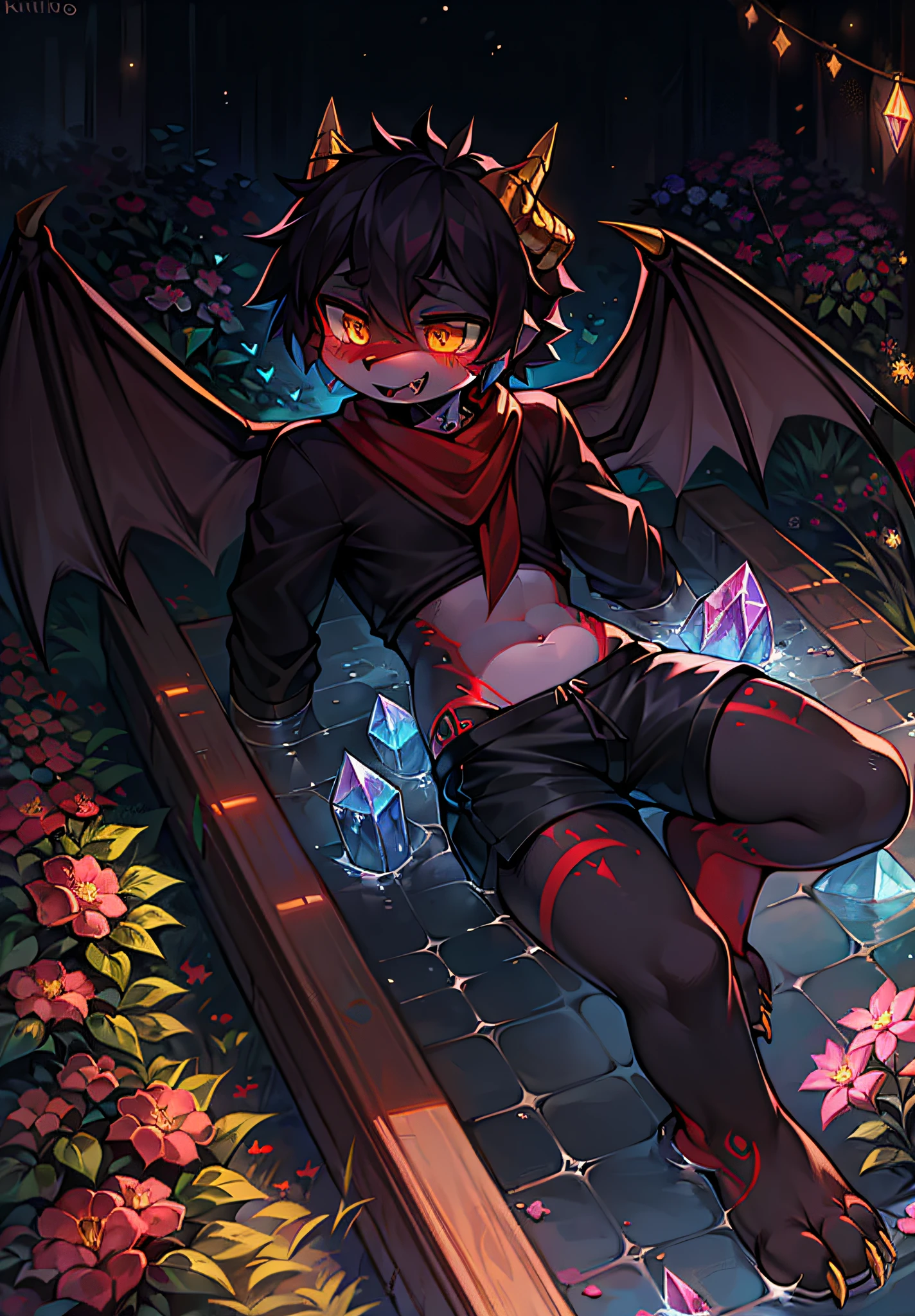 Masterpiece quality, highest definition, detailed texture, 12K, solo, humanoid, wingspan, floating, red gold scarf, webbed and paws, full body, short hair, brave, corrupt, demon king, bad laugh, garden, vampire, sharp fangs, with a slender and slender tail covered with crystal scales, cute mermaid boy cub, with a large number of broken crystal scales, cute face, fine eyes, broken golden pupils, fine scales tail, slender crystal dragon horns and moonlight with flowers on the other side, glowing tattoos and scales: 1.5, Golden-black sweatshirt and black-red shorts, purple-red dragon wings, aquatic features, fin ears, shark features, fine scales all over the body, fangs, (scales, tattoos), (hair is reddish-black), (crystal scales and dark scales), more glowing tattoos and scales.