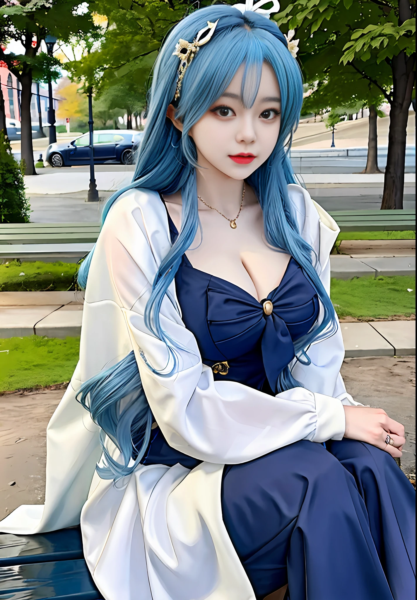 beautiful cosplay girl sitting on a bench in the park with blue hair, seductive cosplay girl, trending on artstation pixiv, cosplay goddess, beautiful cosplay girl squatting, fine anime cg art, 8k high quality detail art , [4k digital art]!!,