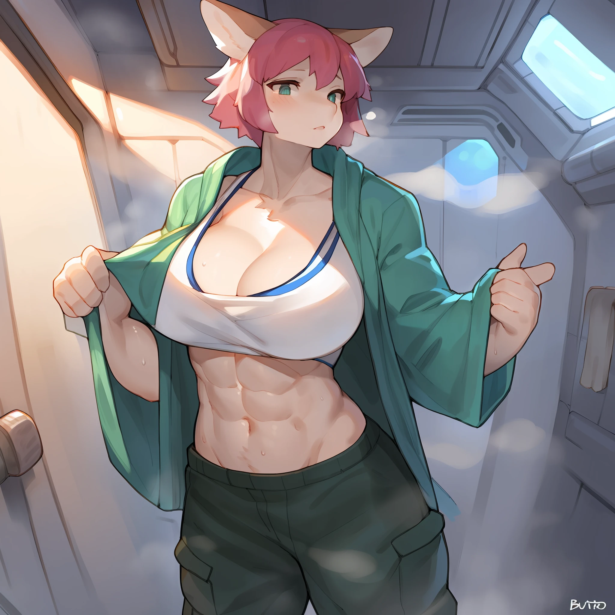 snout, detailed eyes, detailed hands, muscular, big breasts, large biceps, white tank top, cleavage, abs, sweat, steam, baggy cargo pants, by buta99, by bebebebebe, by chelodoy, solo, female, standing, hair, lips, ears, spaceship, space, window, bathrobe, shower room,