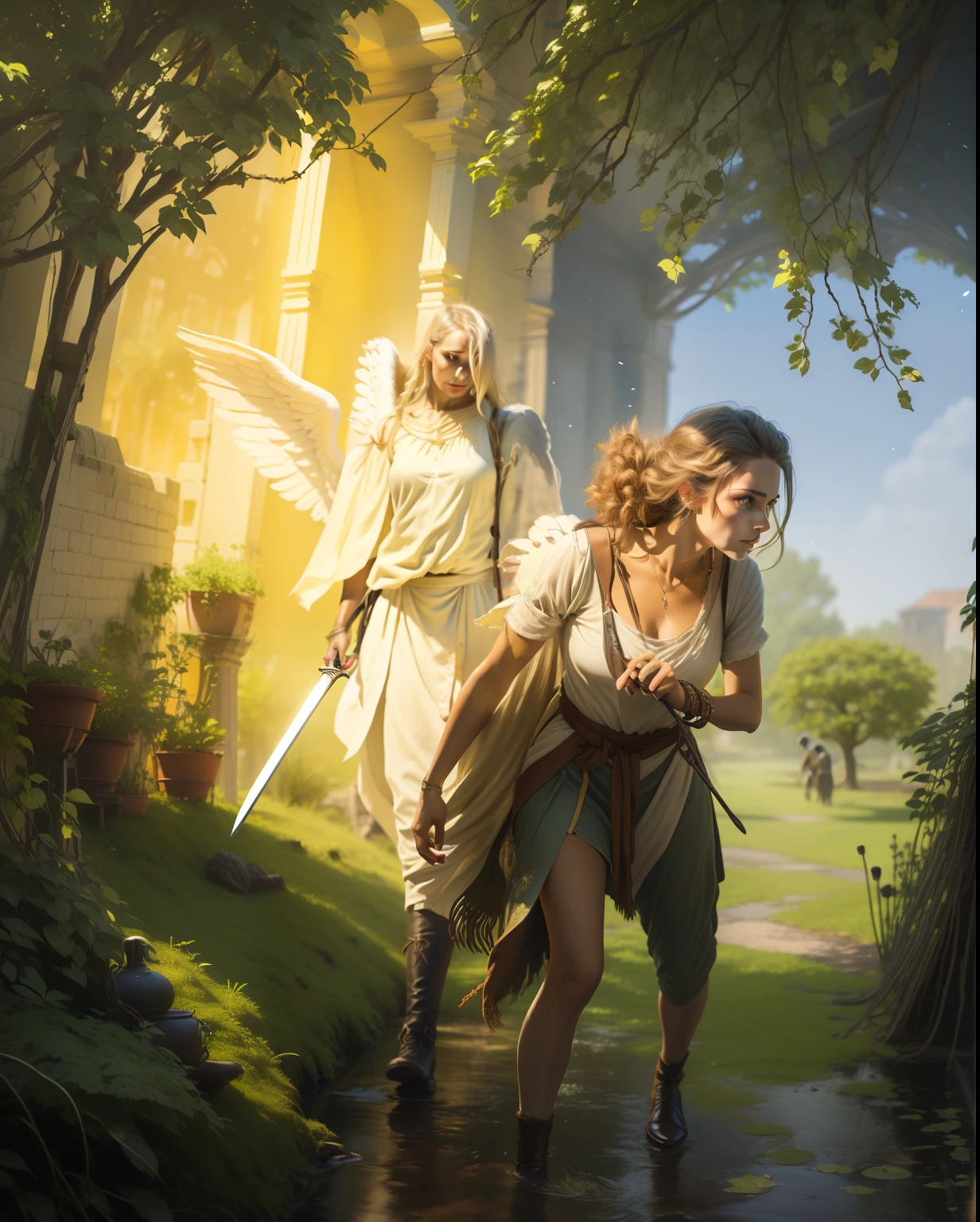 (best quality, 8k, woman and man in prehistoric clothes, fleeing desperately from an angel with a sword in hand garden biblical illustration, realism, beginning of time,beautiful place, trees, plants, garden, birds, rivers and lakes, silhouette), (epic, realistic), (neutral colors: 1.2), (hdr:1.4), (soft colors: 1.2), hyperdetailed, (artstation:1.4), (cinematic) (complex detail:1.1) --auto --s2