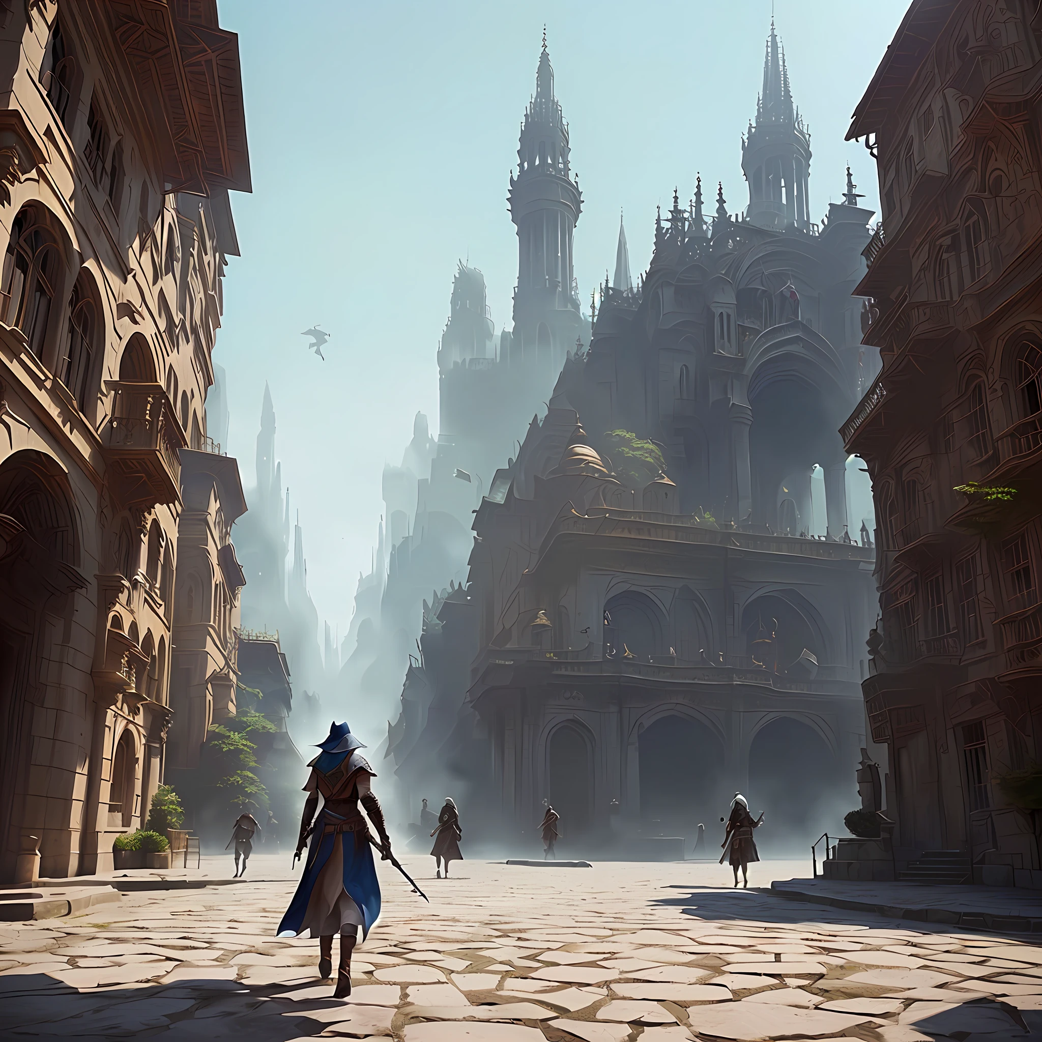man and woman, armed, dangerous. walking down the street, medieval fantasy epic and huge city, colossus made of white stone in wide space, fantasy digital art, octane render, beautiful composition, trending on artstation, award - winning photograph, masterpiece,