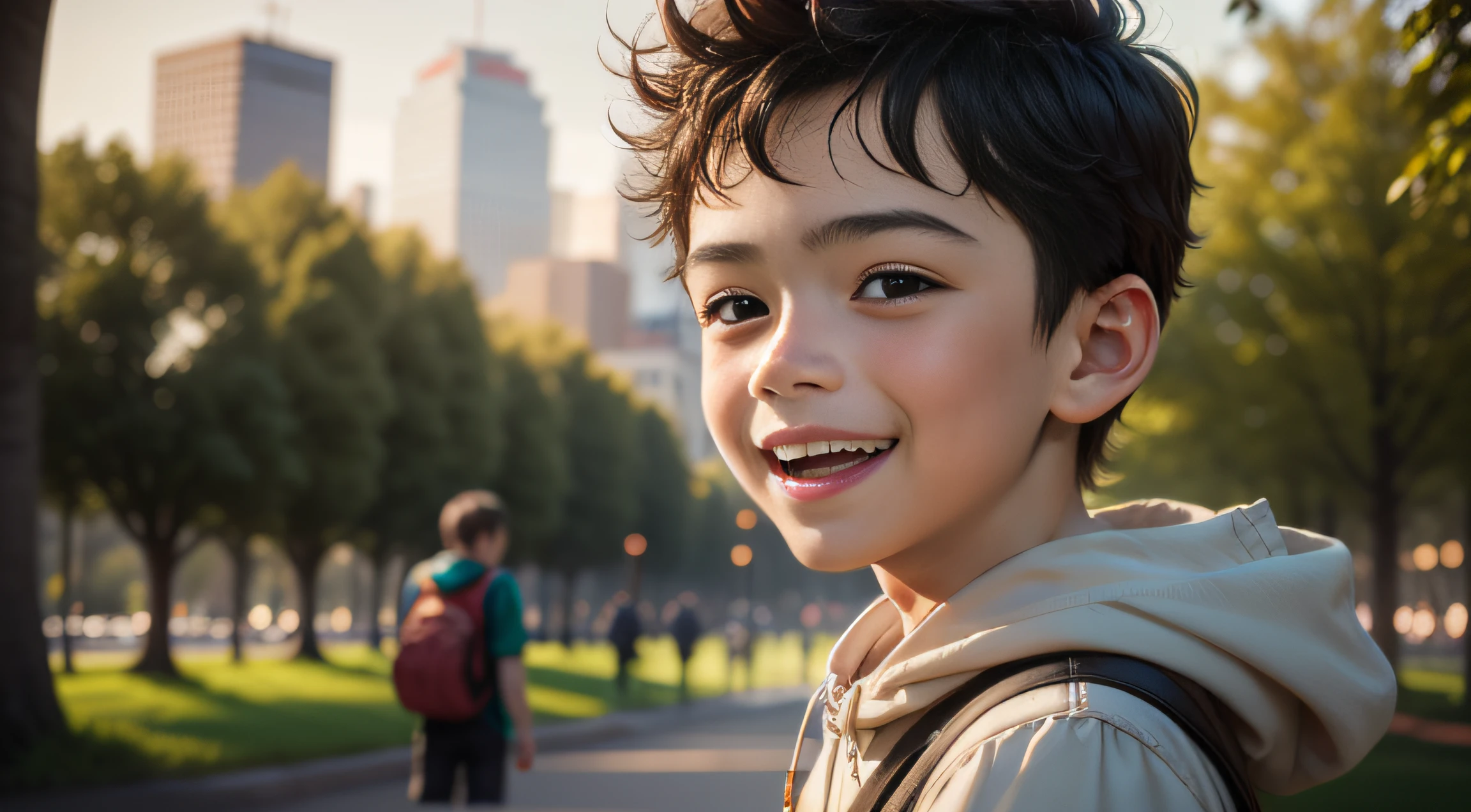 boy smiling happily walking in a big city park, best quality, 8k, uhd, very detailed, image from the side and a little far, 100mm lens