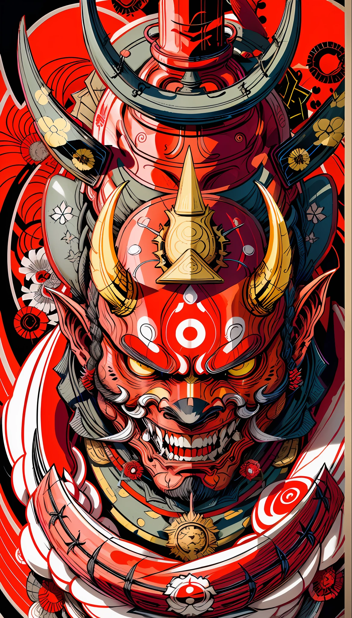 a close up of a red and black poster with a skull and a helmet, villain wearing a red oni mask, japanese art on behance, pop japonisme 3 d ultra detailed, oni mask, demon samurai, moon bull samurai, demon samurai mask, demon samurai warrior, high detailed official artwork, ultra detailed color art, samurai with demon mask
