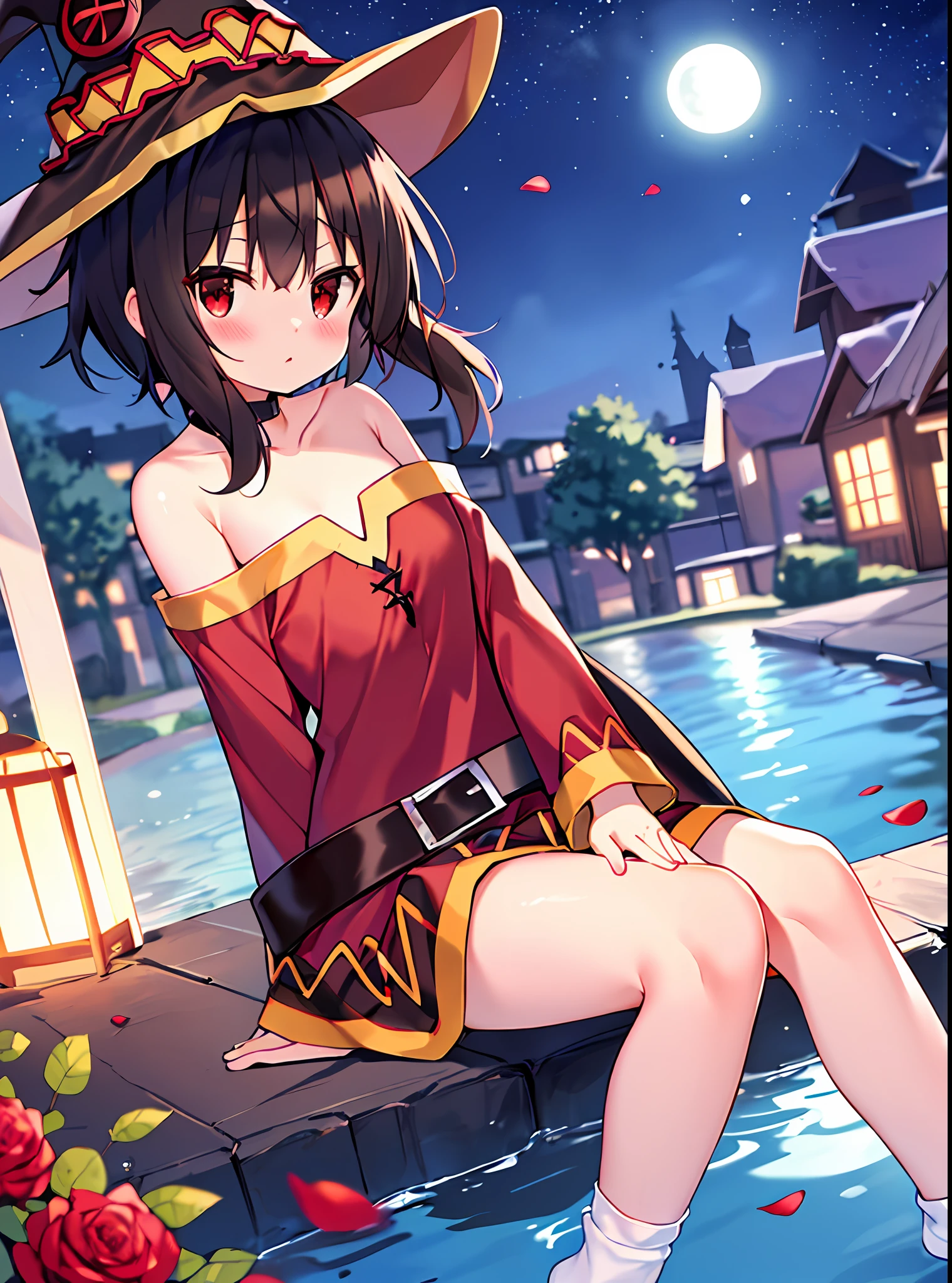 (sitting), (bow), (black hair), (short hair), (red eyes), big eyes, (blush), (megumin_konosuba in [ (sweater):(((no socks))):0.4]:1.2),(bare shoulder),collarbone,(white thighs:1.2),looking at the viewer,[(night:1.2),peaceful,sky ,((full moon)),stars,house,city,(in a courtyard),waterdrop,pond,(near the pond),tree,flower request,wind::0,6],(refraction of lridescent light), (floating rose petals: 1.2), dreamer