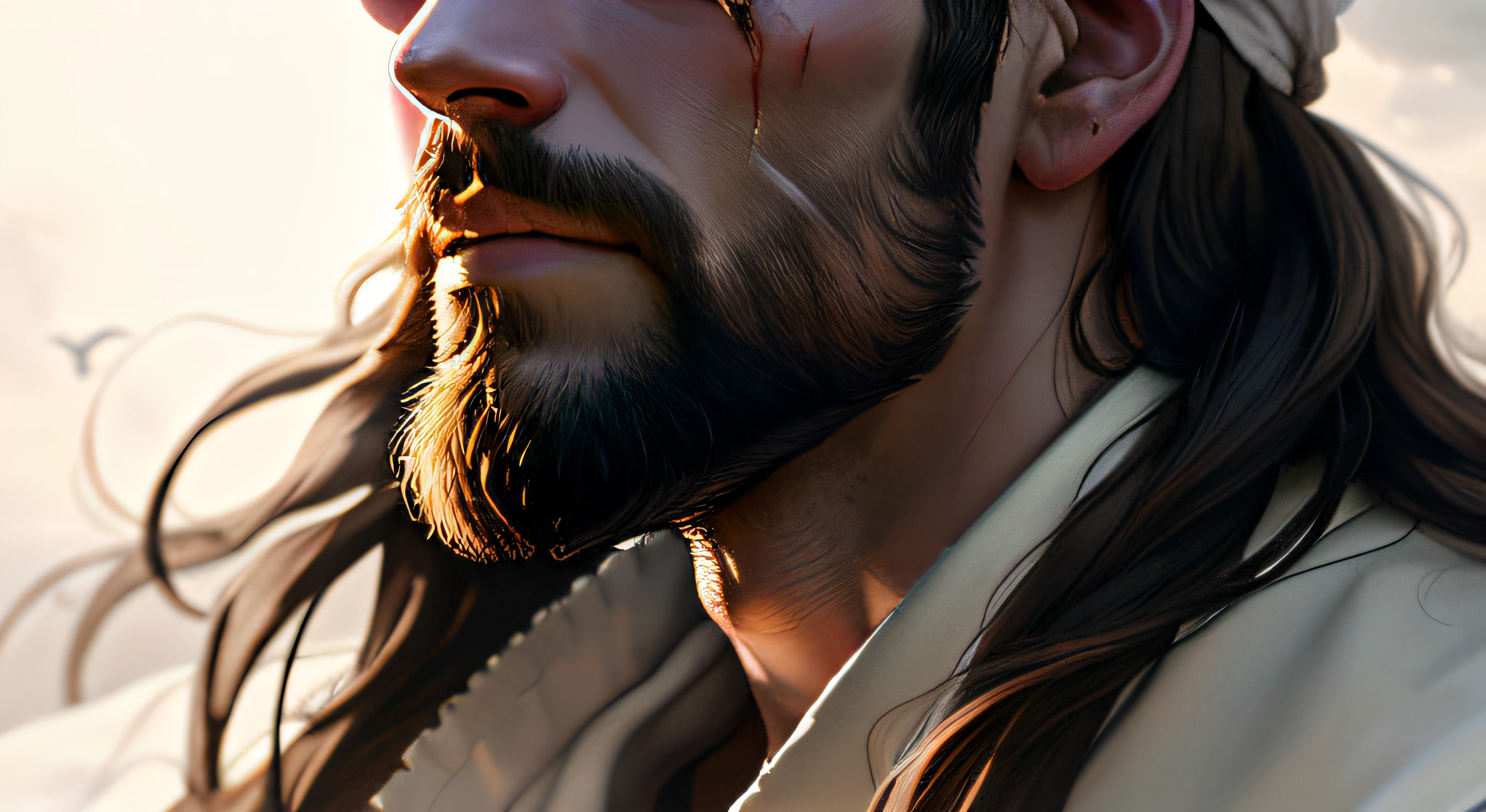 Man with long hair and beard wearing a white robe, portrait of Jesus Christ, Jesus Christ, Jesus of Nazareth, face of Jesus, beautiful stunning realistic, digitally painted, painted in high resolution, ultra realistic digital painting, ultra detail. digital painting, jesus, detailed realistic face, handsome man, realistic digital painting, photorealistic digital painting, close-up, Jesus, warm light, a man with long brown hair and big beard, crown of thorns, bleeding on his forehead, looking at the sky with a sore expression, white tunic and a dark sky in the background, a white dove on his head,8k.