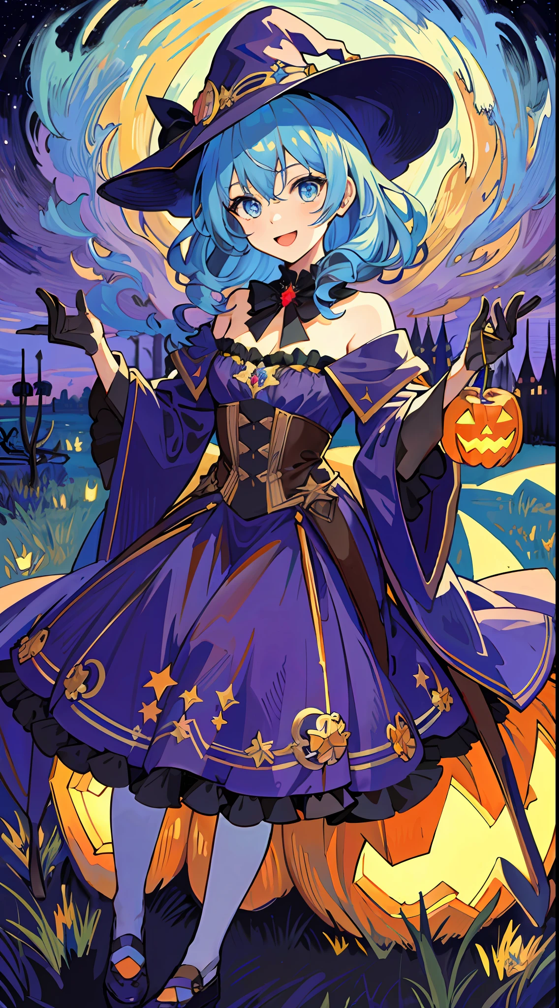 ((masterpiece:1.2, best quality)), 1girl, solo, (witch hat), a close up of a girl with curly hair, dress, aurora, night, star (sky), gloves, sky, dress, night sky, open mouth, starry sky, light blue eyes, ribbons, smile, cape, colorful hair, magic, casting spell, night, (impressionism:1.4), alphonse mucha, Halloween colors, colorful candy, magical lights, pumpkins, candies