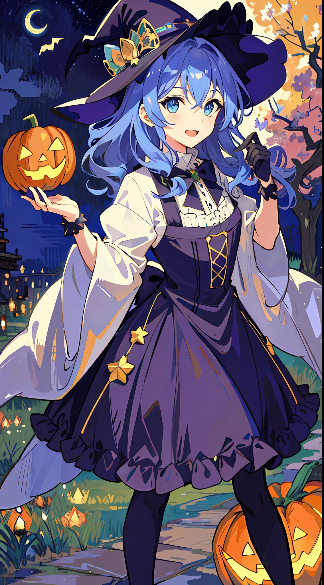 ((masterpiece:1.2, best quality)), 1girl, solo, (witch hat), a close up of a girl with curly hair, dress, aurora, night, star (sky), gloves, sky, dress, night sky, open mouth, starry sky, light blue eyes, ribbons, smile, cape, colorful hair, magic, casting spell, night, (impressionism:1.4), alphonse mucha, Halloween colors, colorful candy, magical lights, pumpkins, candies